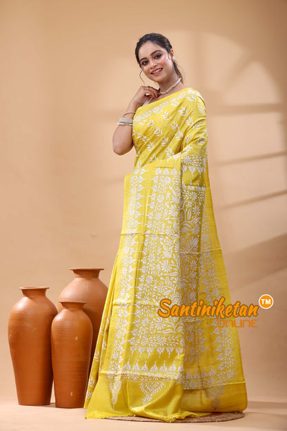 Pure Dye Tussar Silk Kantha Stitch Saree