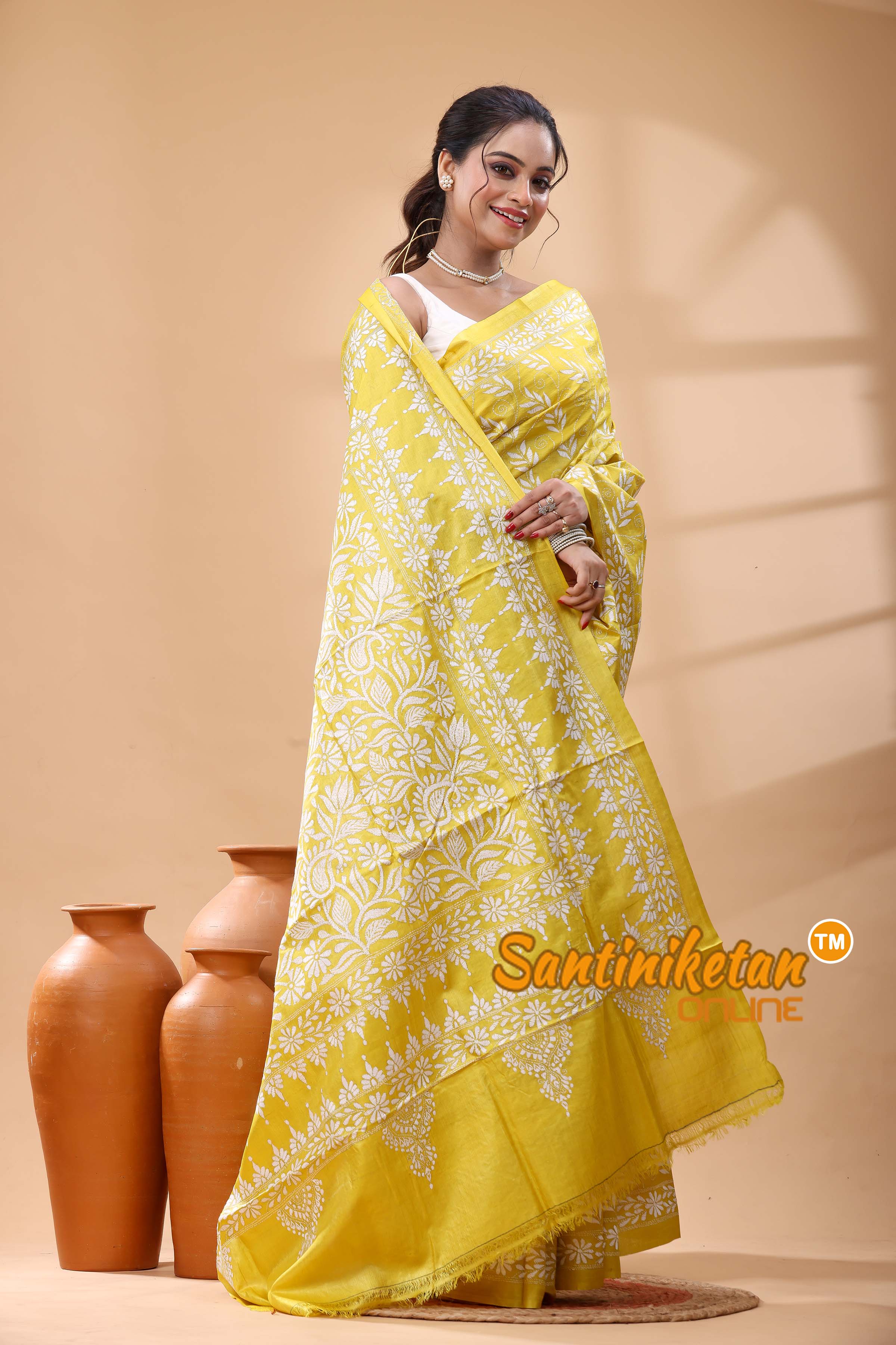 Pure Dye Tussar Silk Kantha Stitch Saree
