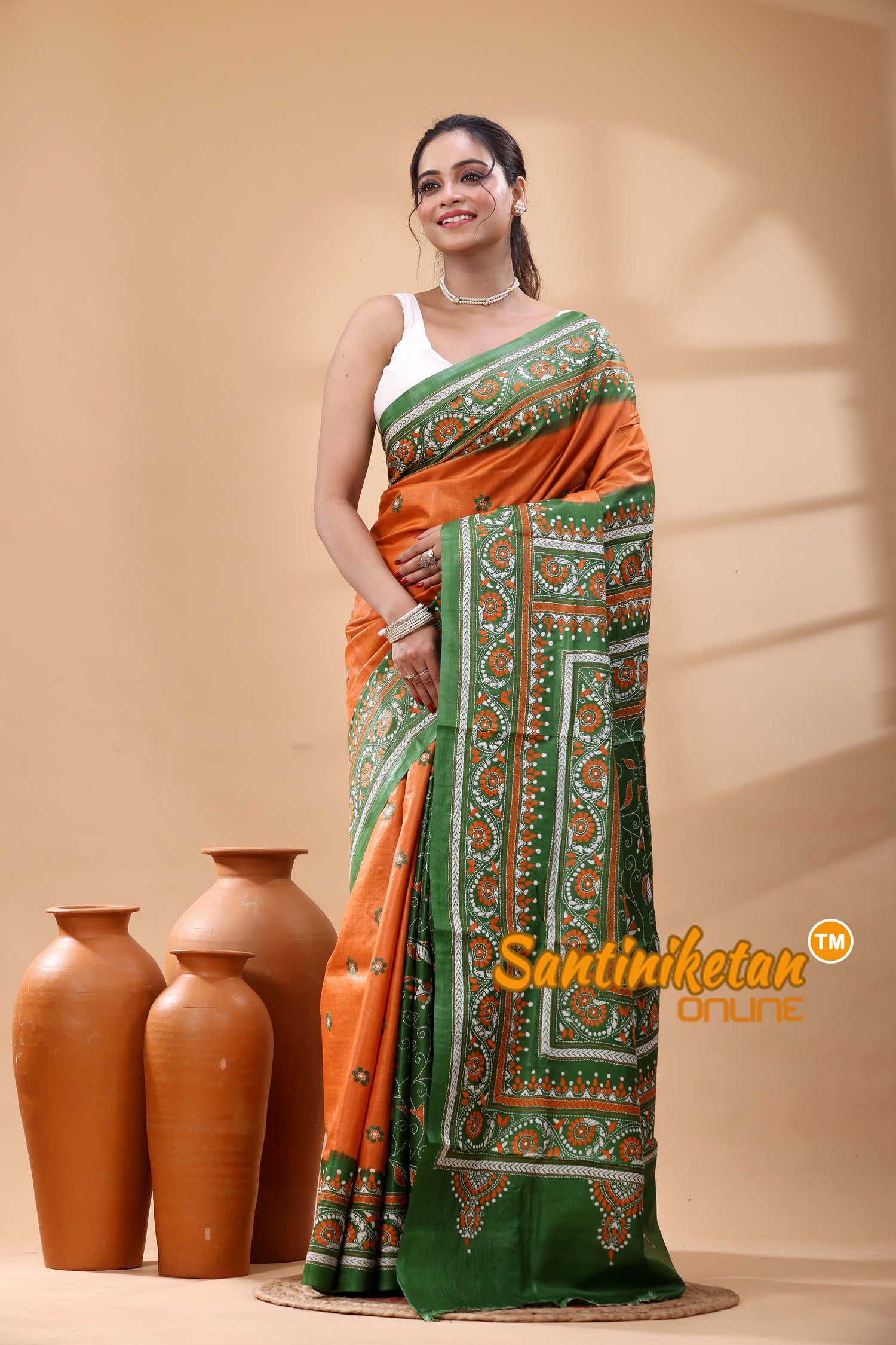 Pure Dye Tussar Silk Kantha Stitch Saree