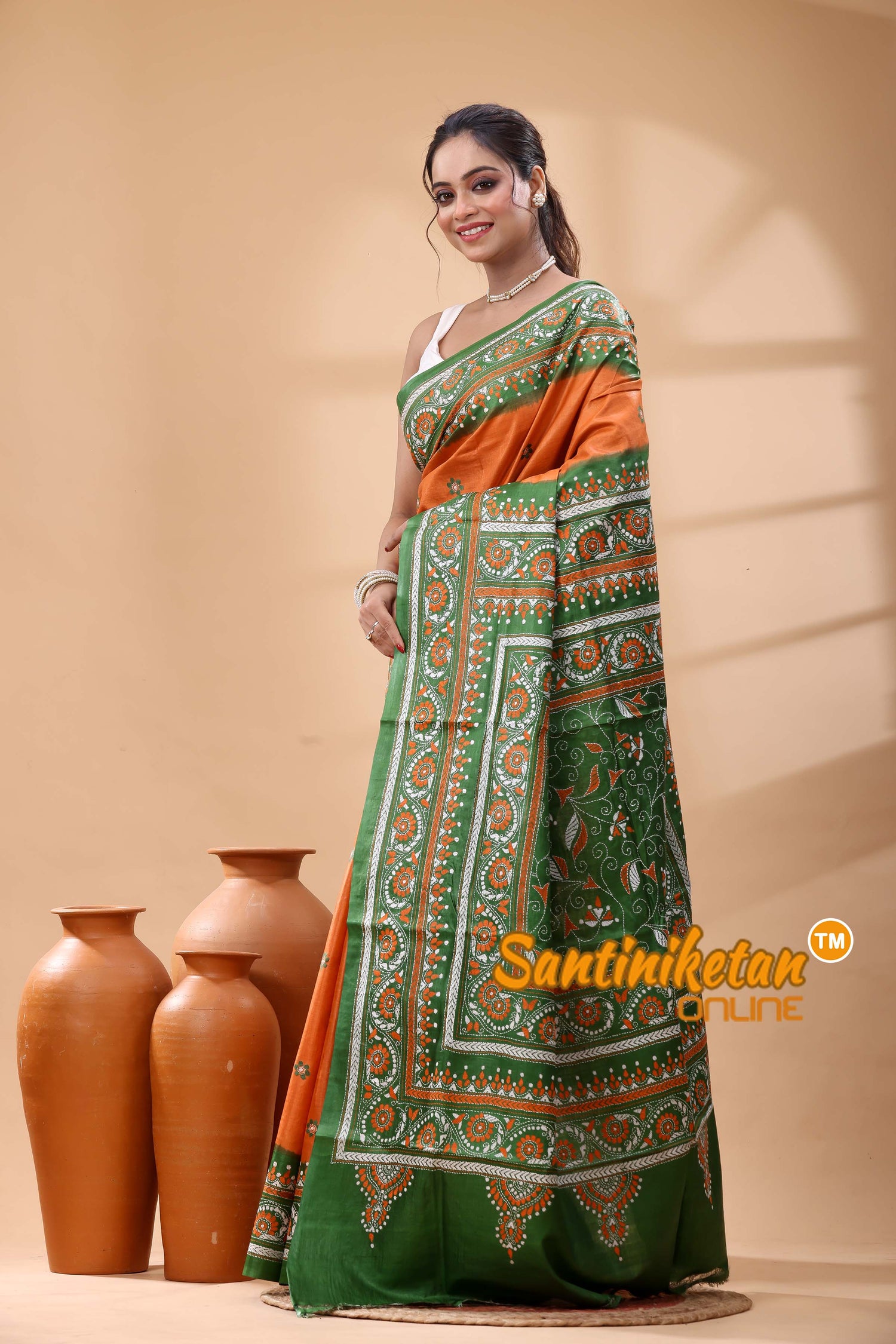 Pure Dye Tussar Silk Kantha Stitch Saree