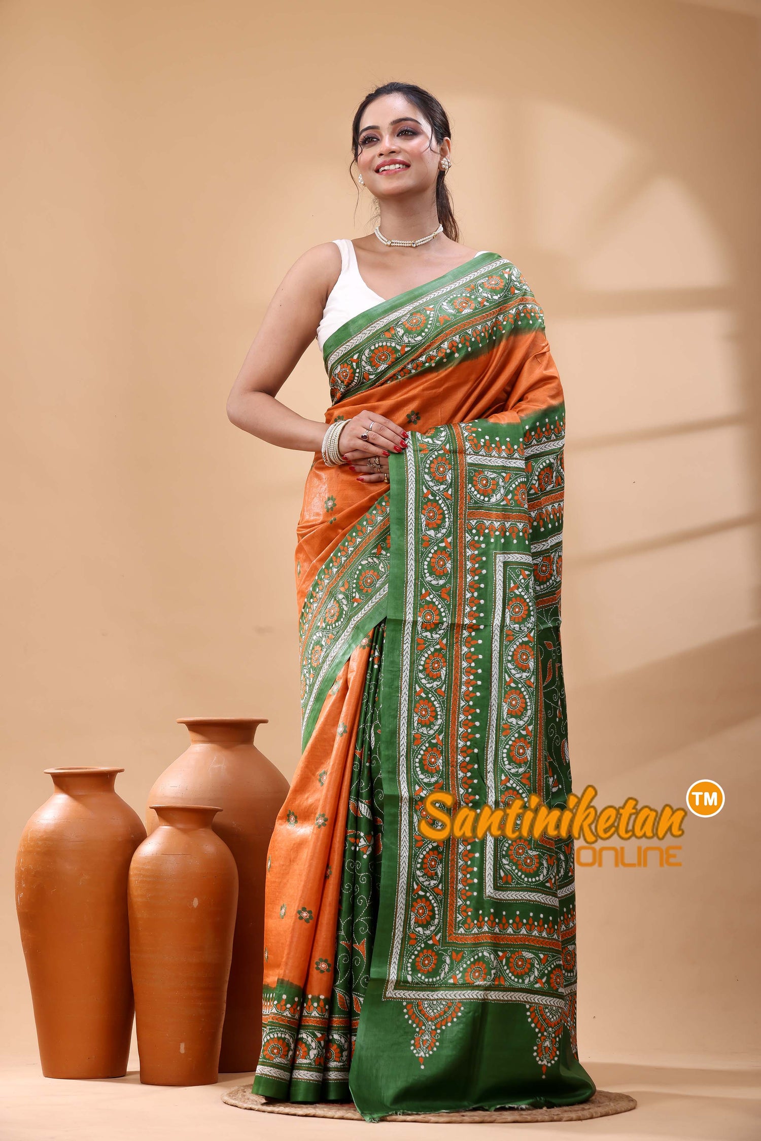 Pure Dye Tussar Silk Kantha Stitch Saree