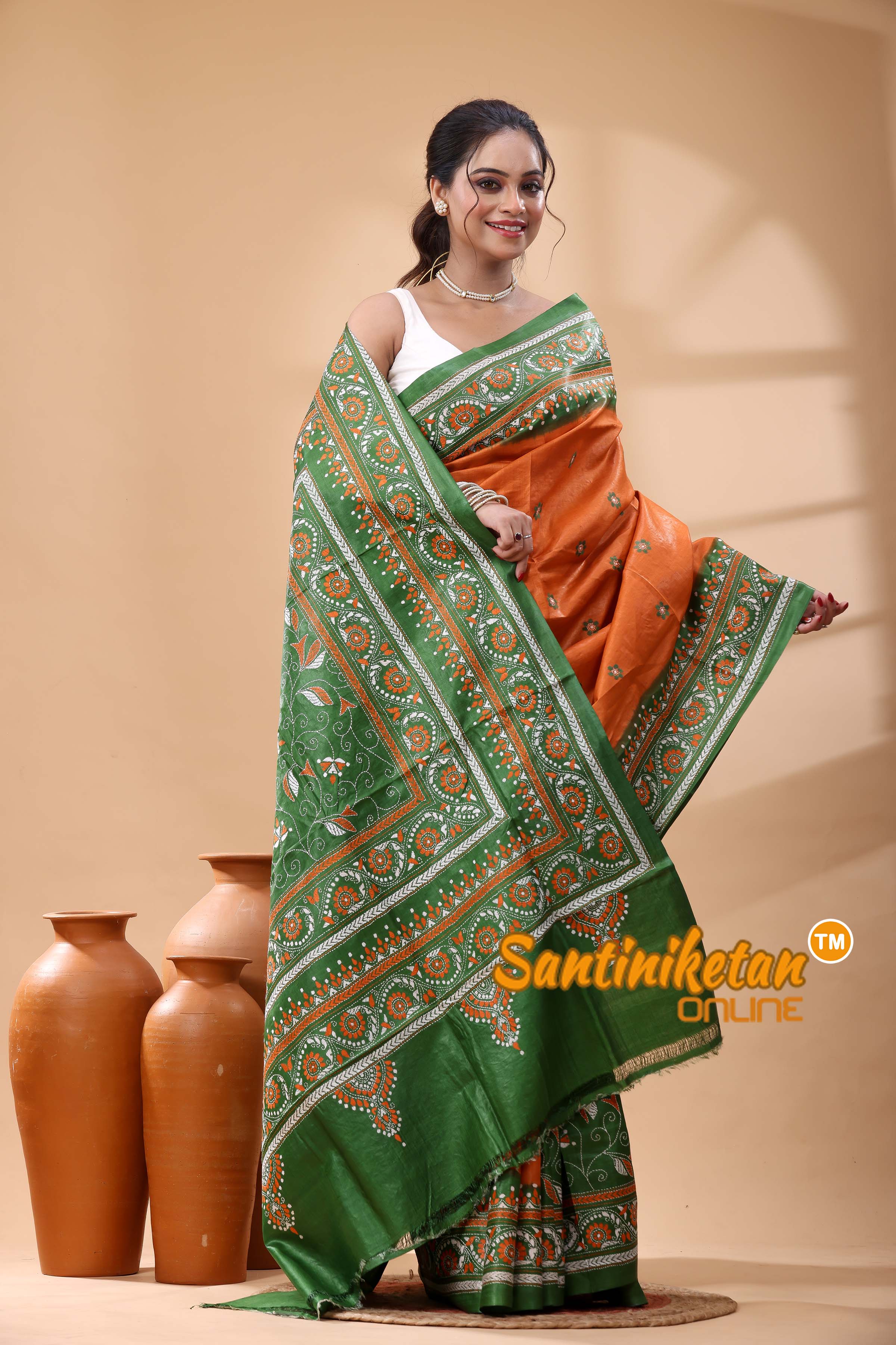 Pure Dye Tussar Silk Kantha Stitch Saree