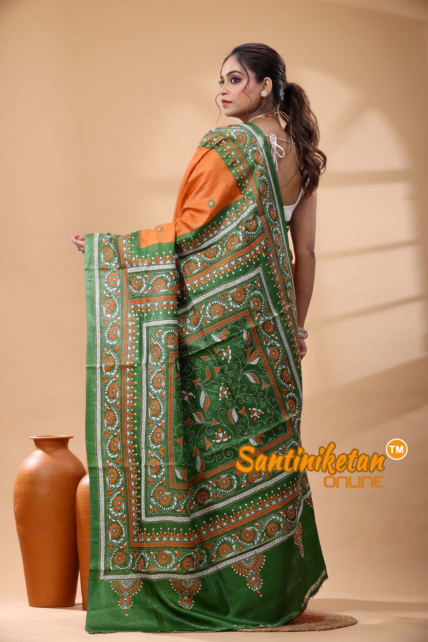 Pure Dye Tussar Silk Kantha Stitch Saree