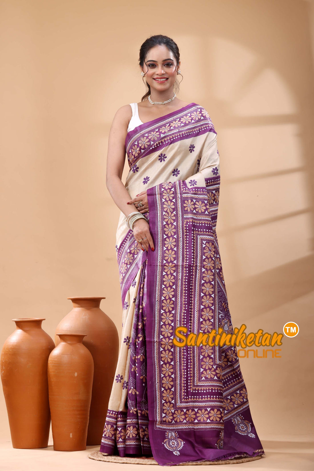 Pure Dye Tussar Silk Kantha Stitch Saree
