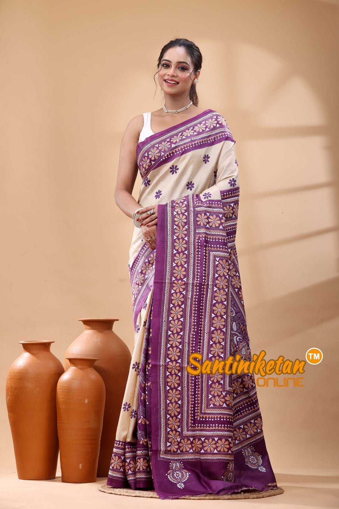 Pure Dye Tussar Silk Kantha Stitch Saree