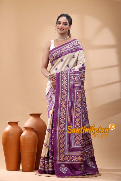 Pure Dye Tussar Silk Kantha Stitch Saree