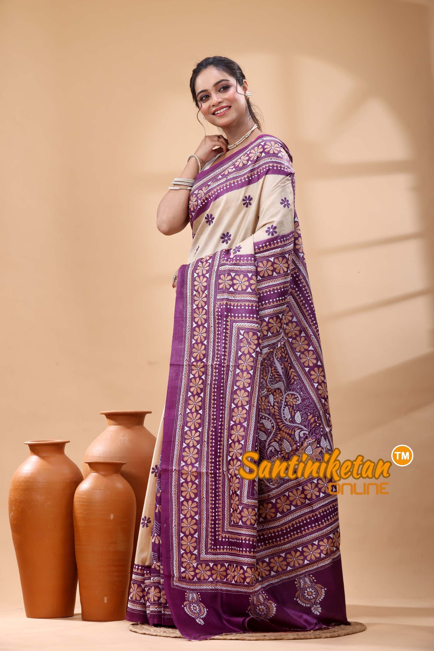 Pure Dye Tussar Silk Kantha Stitch Saree