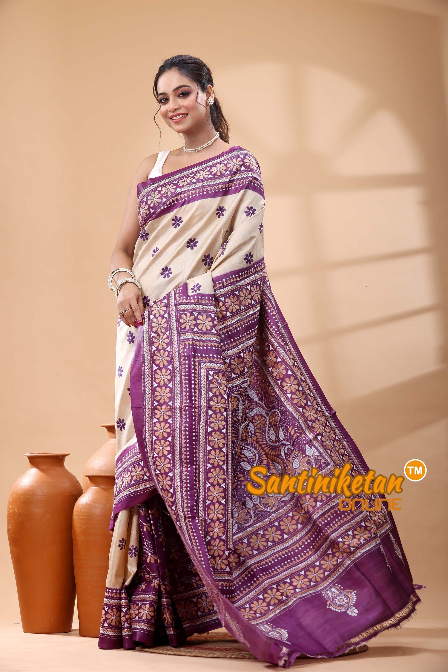 Pure Dye Tussar Silk Kantha Stitch Saree
