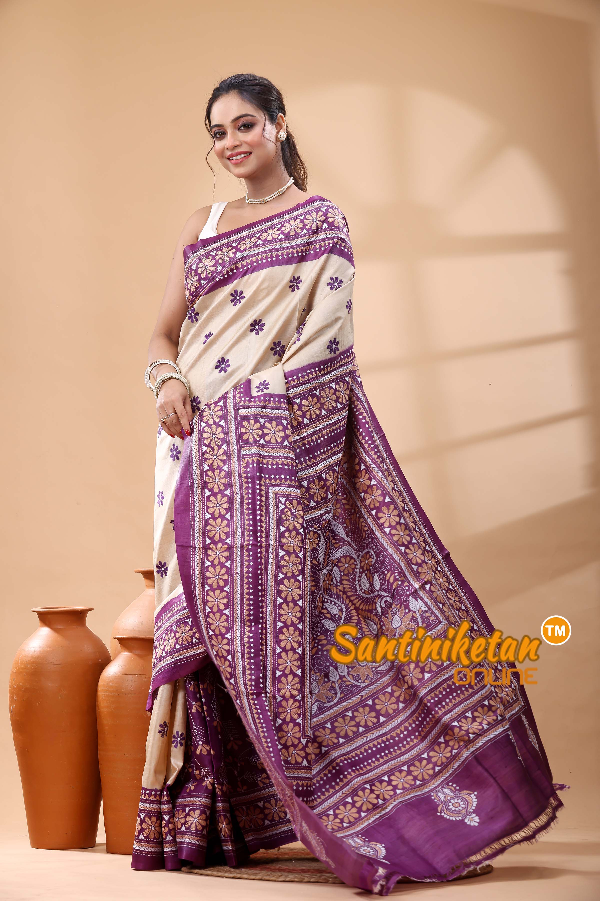 Pure Dye Tussar Silk Kantha Stitch Saree