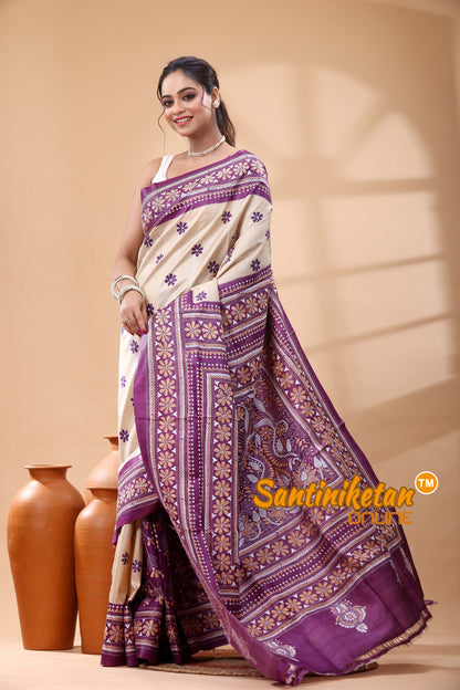 Pure Dye Tussar Silk Kantha Stitch Saree
