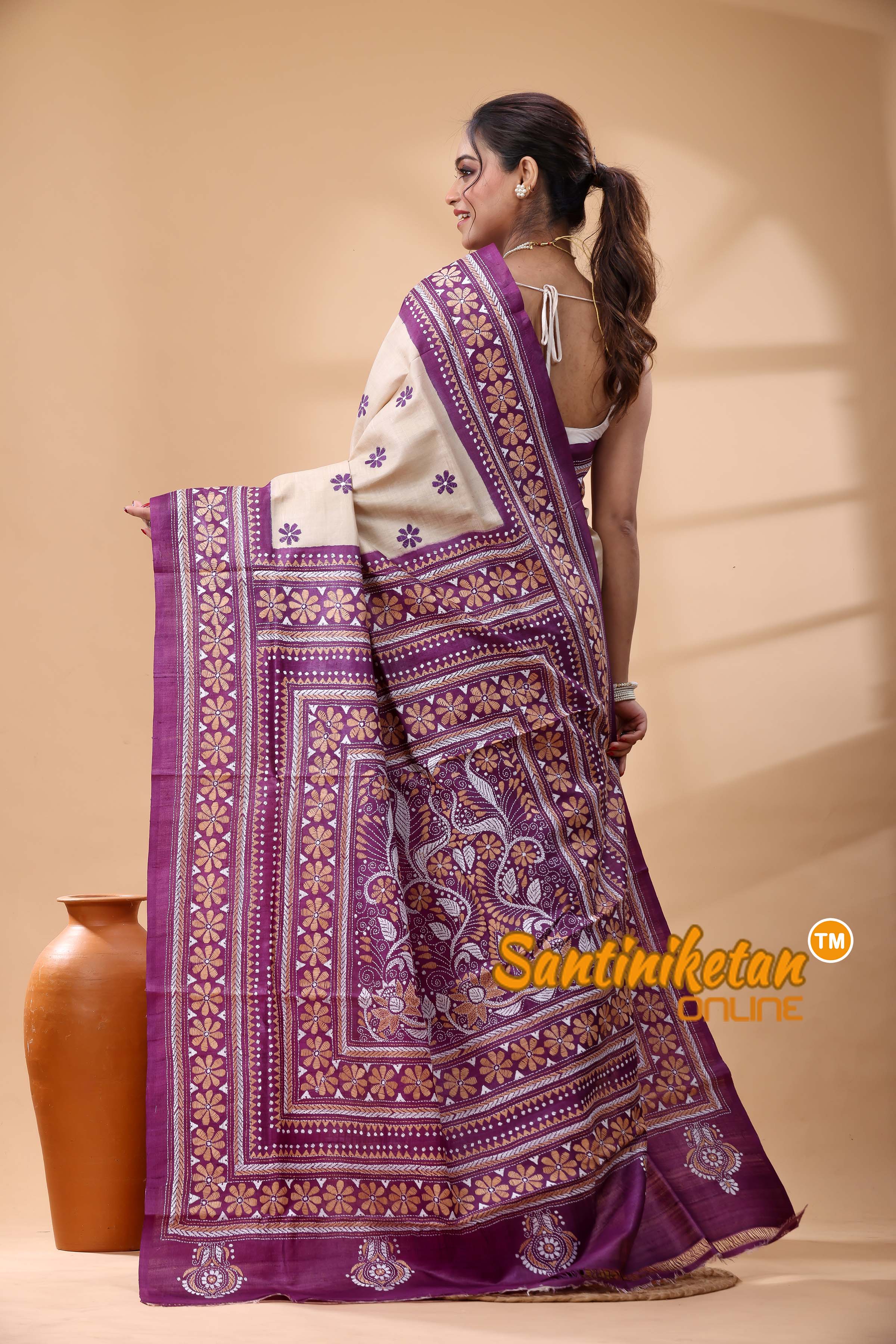 Pure Dye Tussar Silk Kantha Stitch Saree