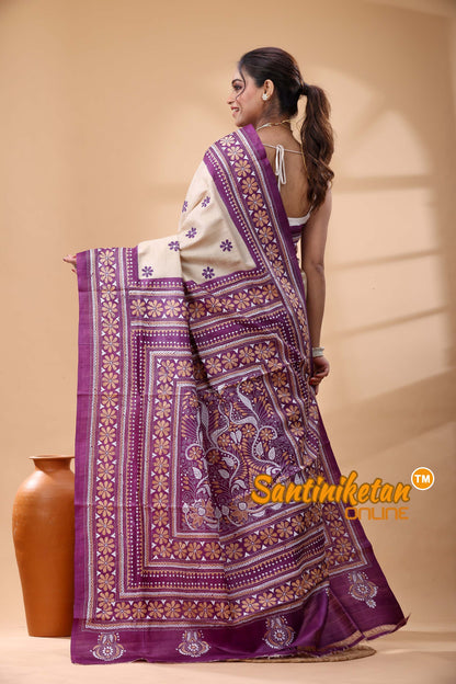 Pure Dye Tussar Silk Kantha Stitch Saree