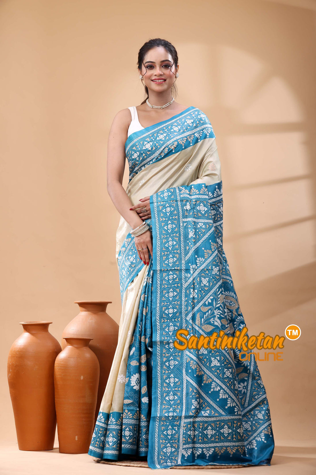 Pure Dye Tussar Silk Kantha Stitch Saree