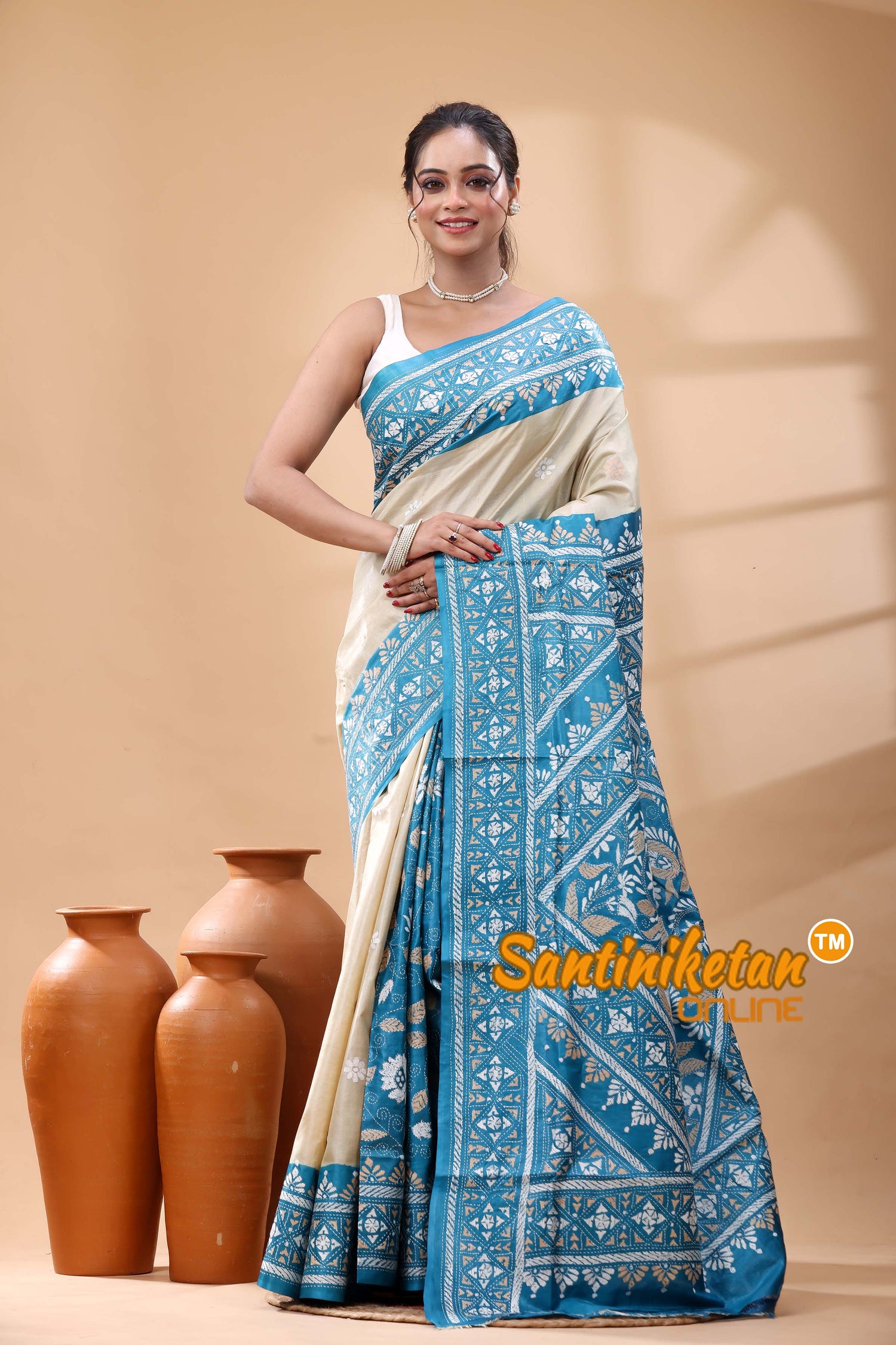 Pure Dye Tussar Silk Kantha Stitch Saree