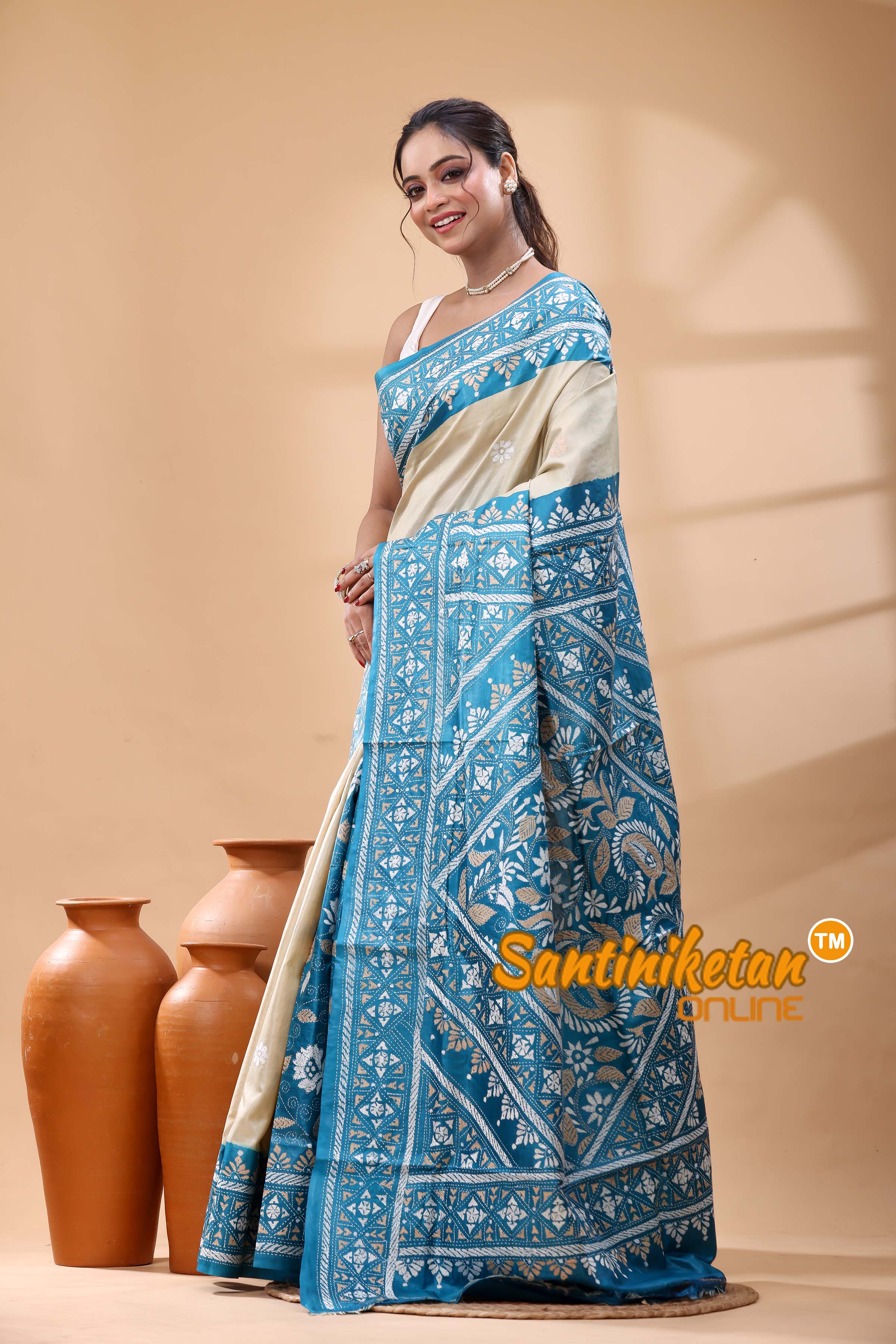 Pure Dye Tussar Silk Kantha Stitch Saree