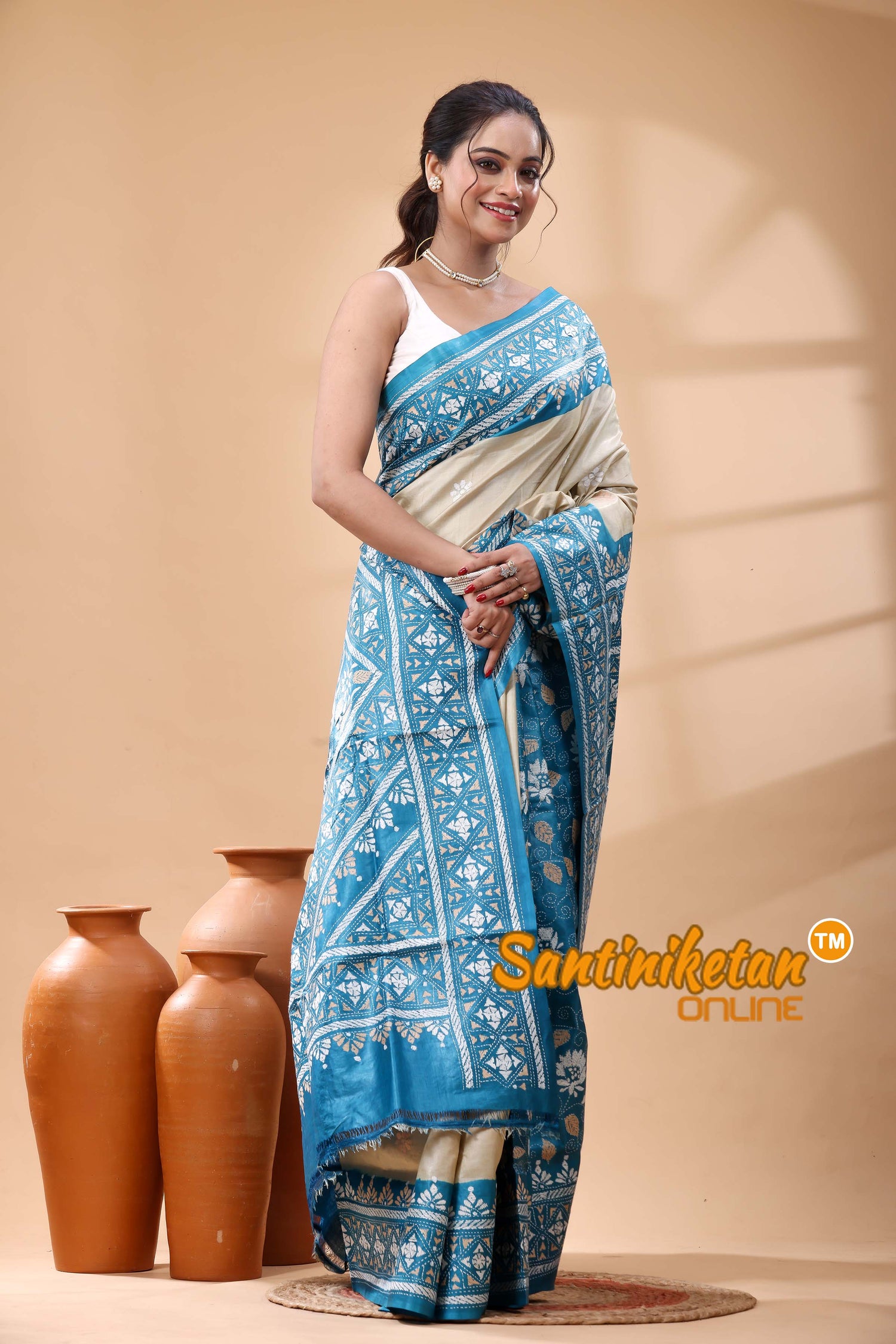 Pure Dye Tussar Silk Kantha Stitch Saree