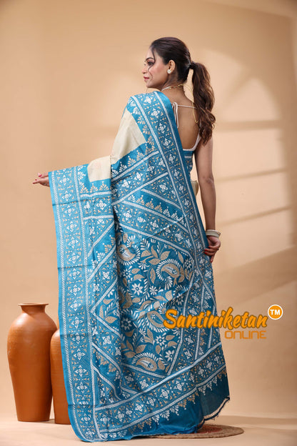 Pure Dye Tussar Silk Kantha Stitch Saree