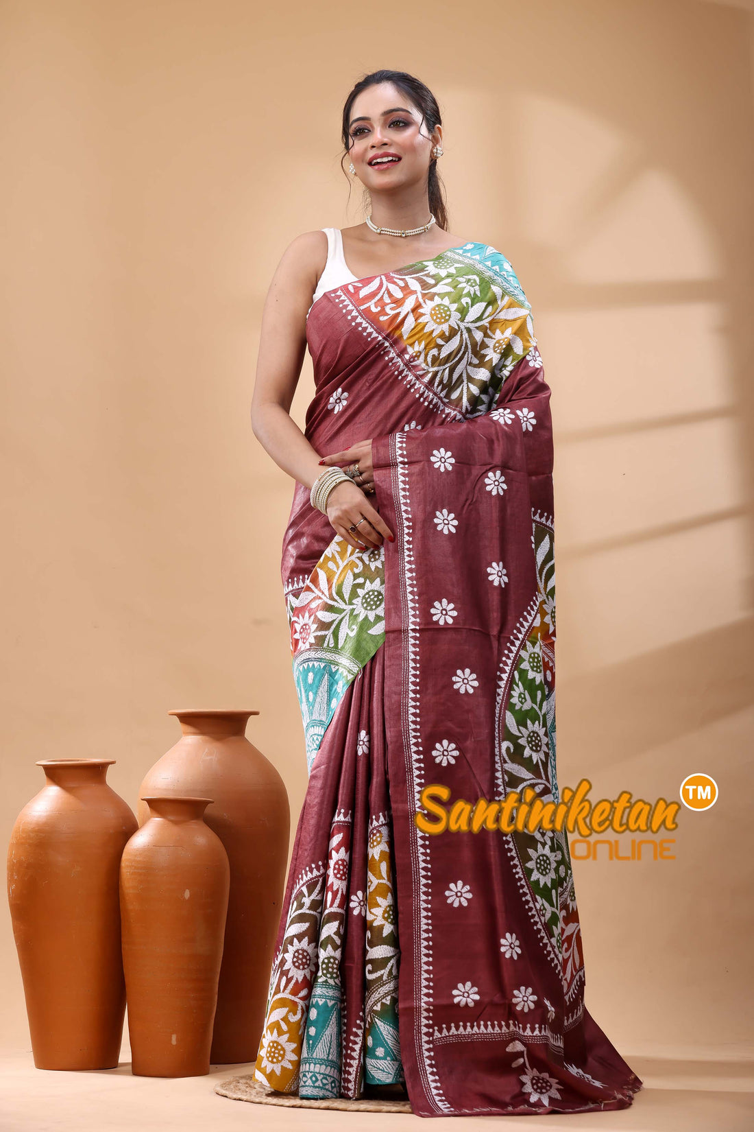 Pure Dye Tussar Silk Kantha Stitch Saree
