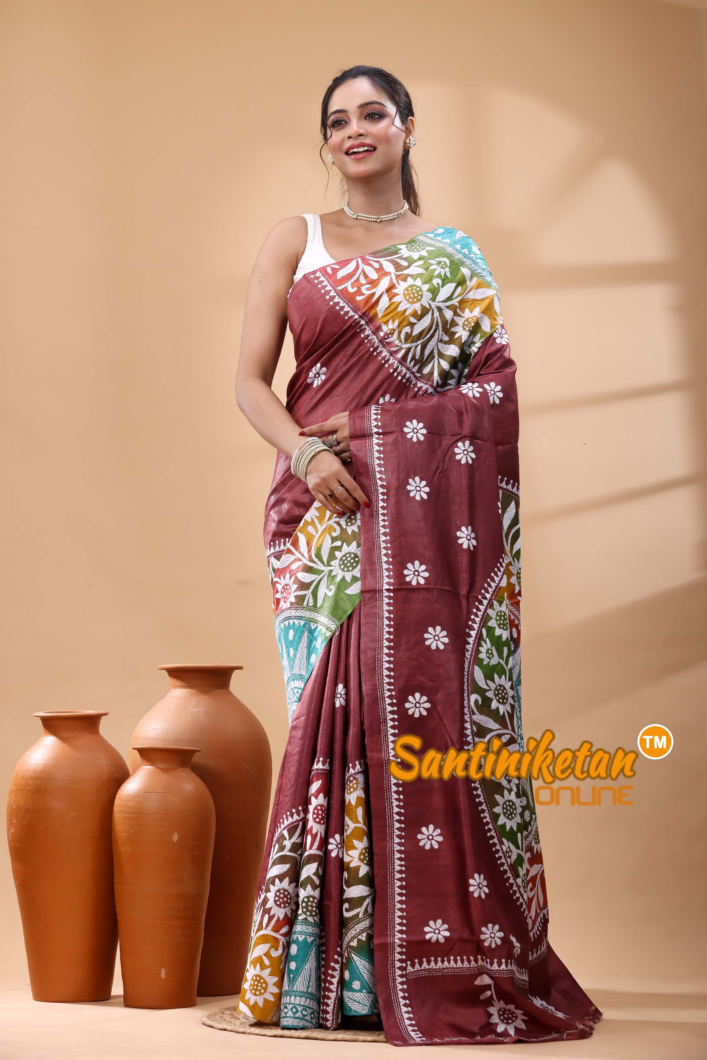 Pure Dye Tussar Silk Kantha Stitch Saree