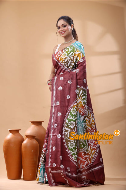 Pure Dye Tussar Silk Kantha Stitch Saree
