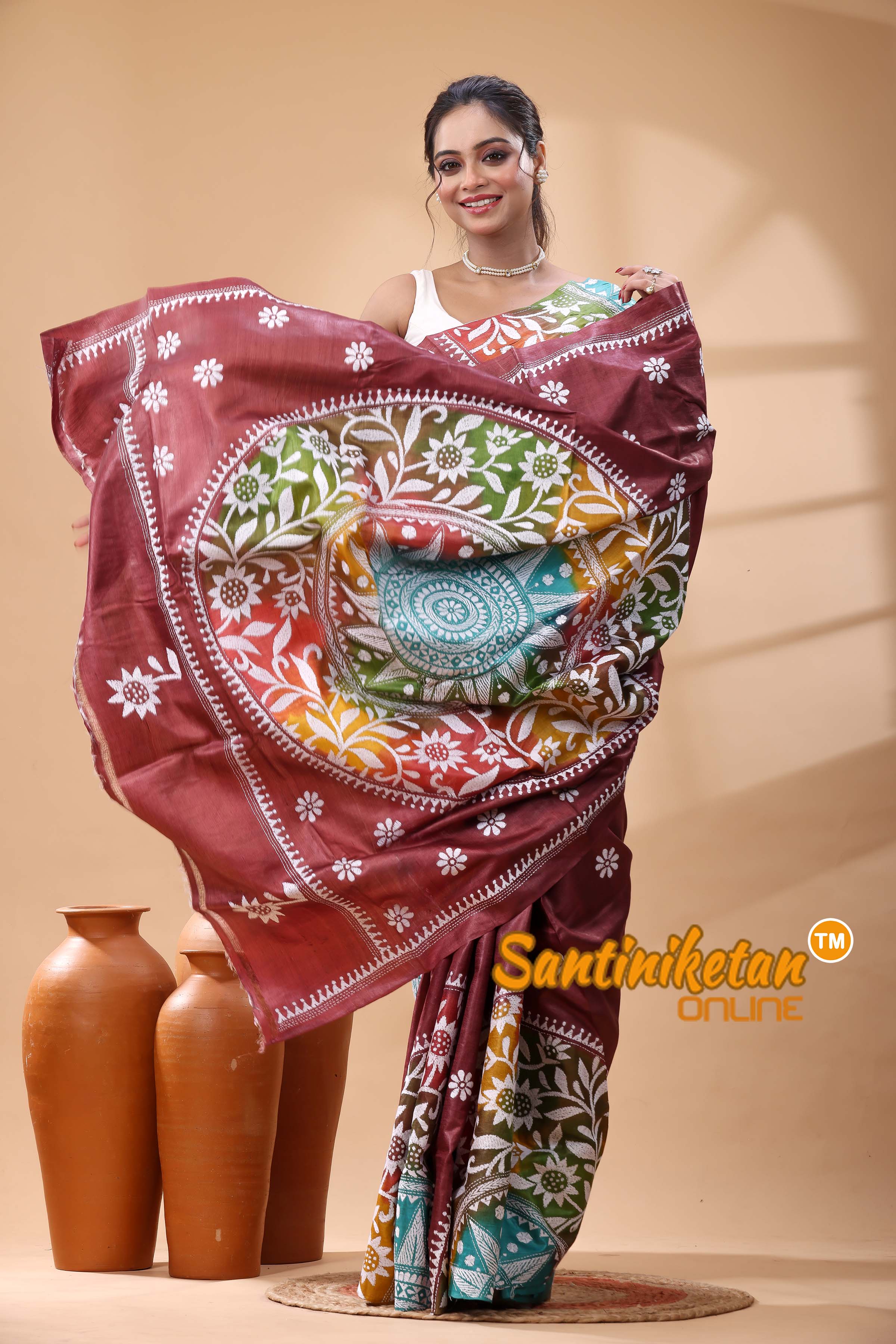 Pure Dye Tussar Silk Kantha Stitch Saree