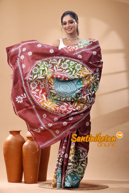 Pure Dye Tussar Silk Kantha Stitch Saree