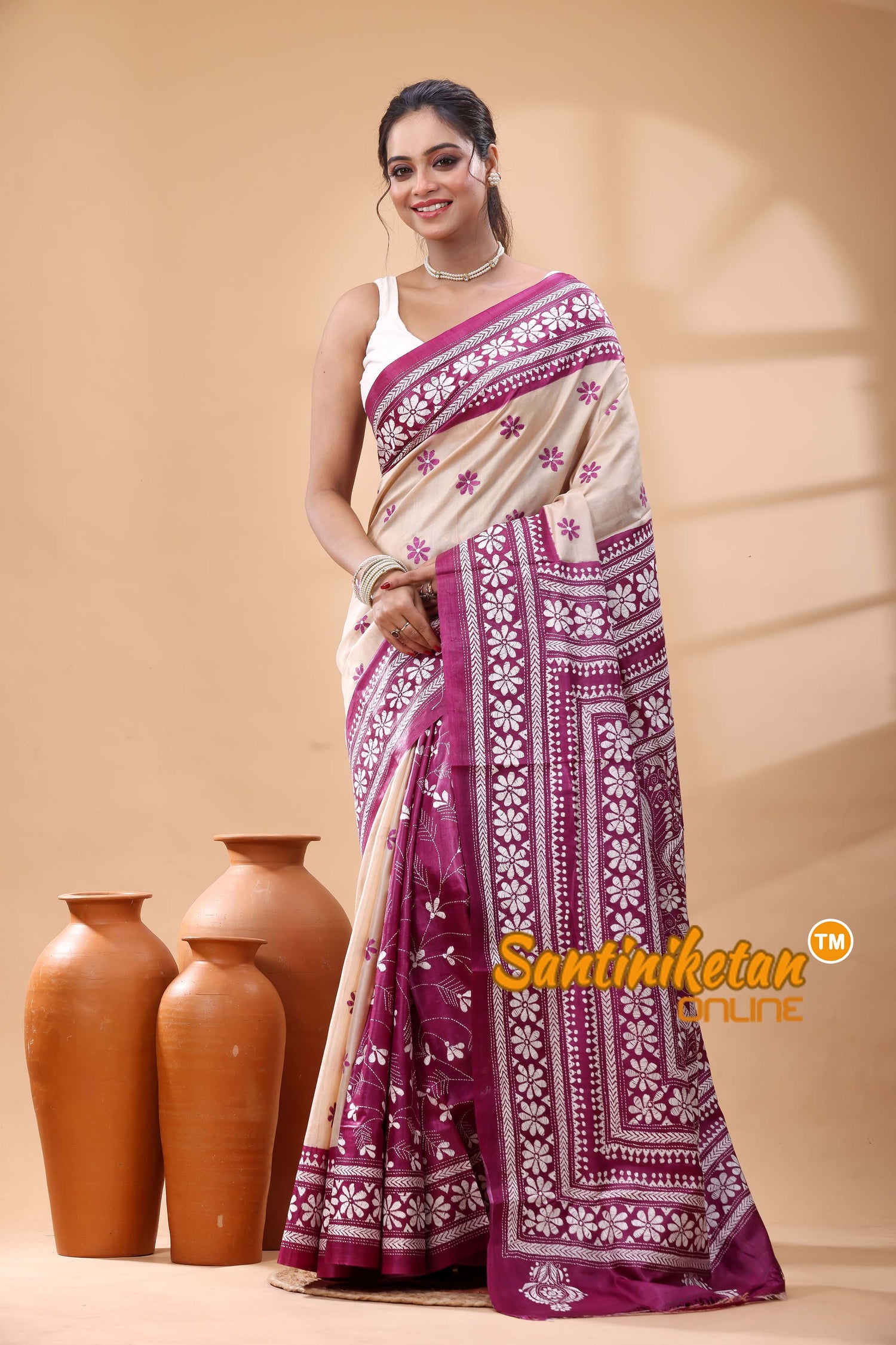 Pure Dye Tussar Silk Kantha Stitch Saree