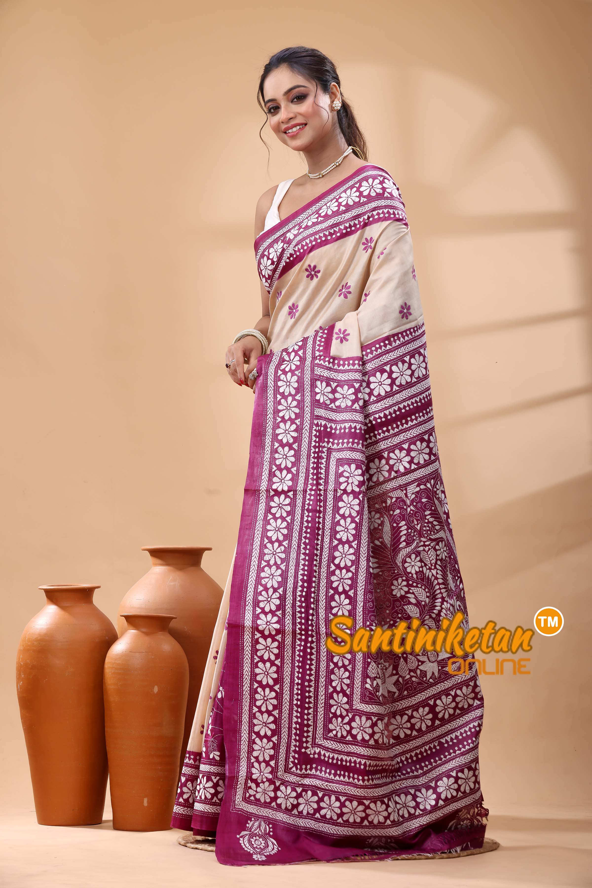 Pure Dye Tussar Silk Kantha Stitch Saree