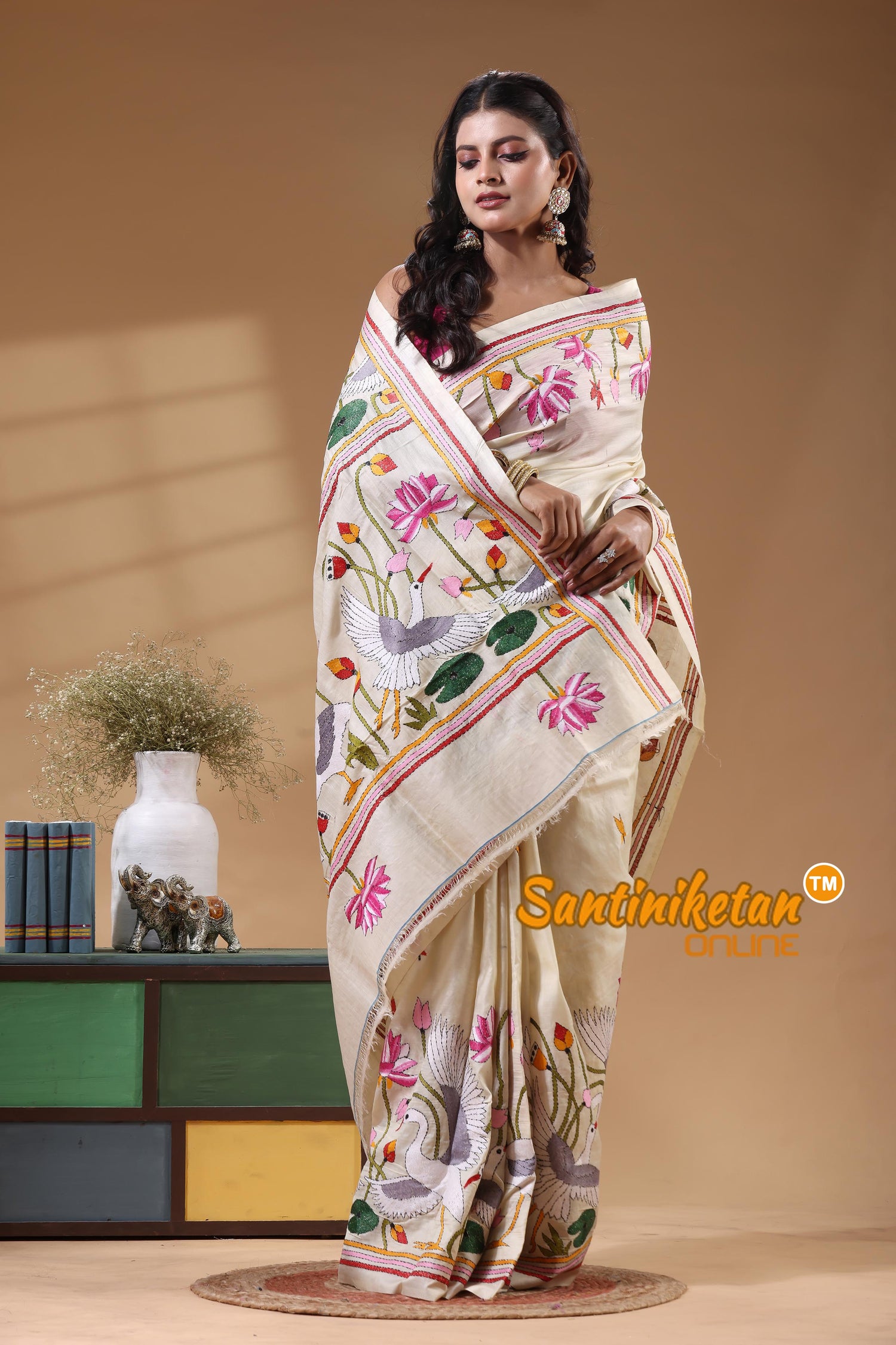 Tussar Silk Kantha Stitch Saree