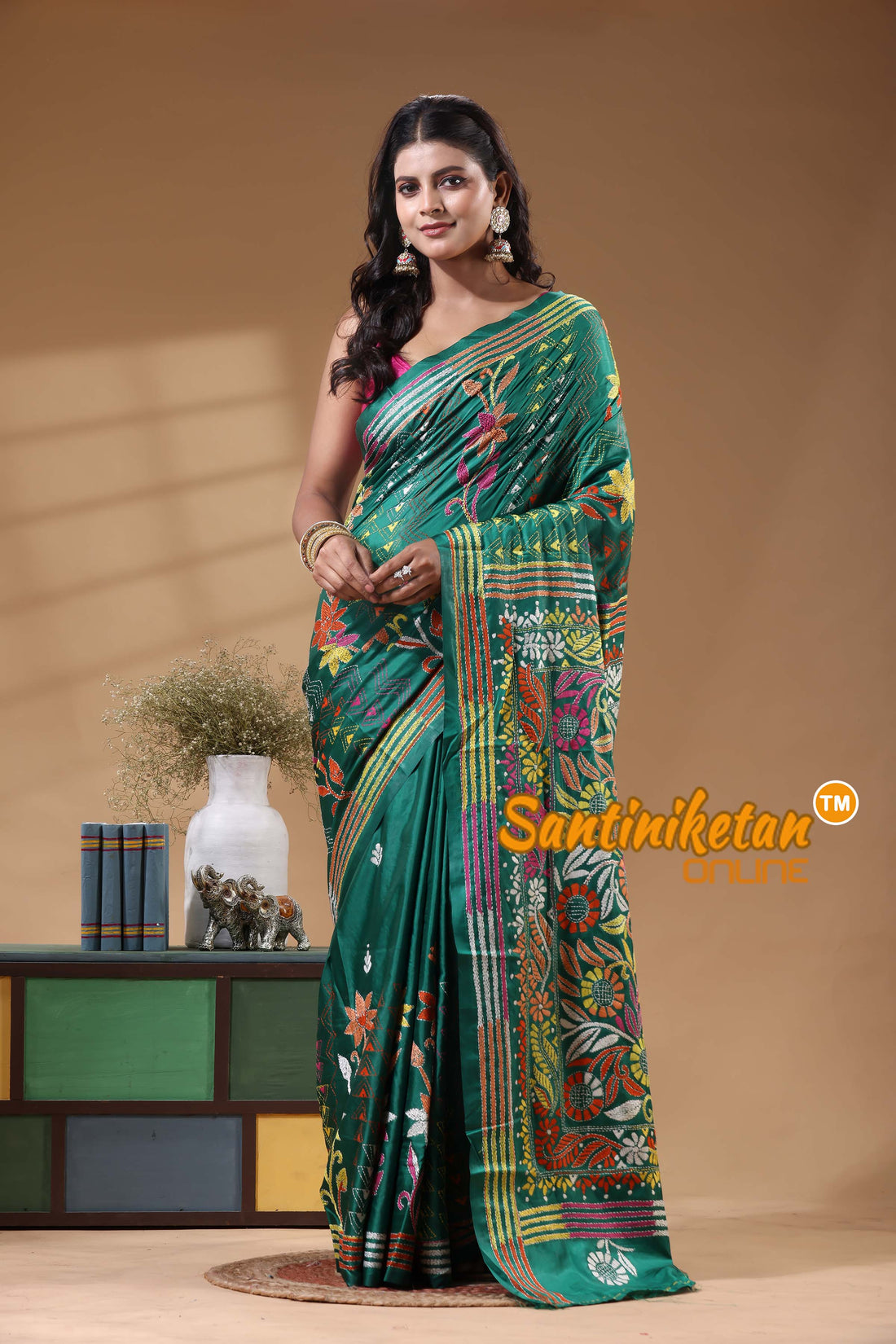 Bangalore Silk Kantha Stitch Saree