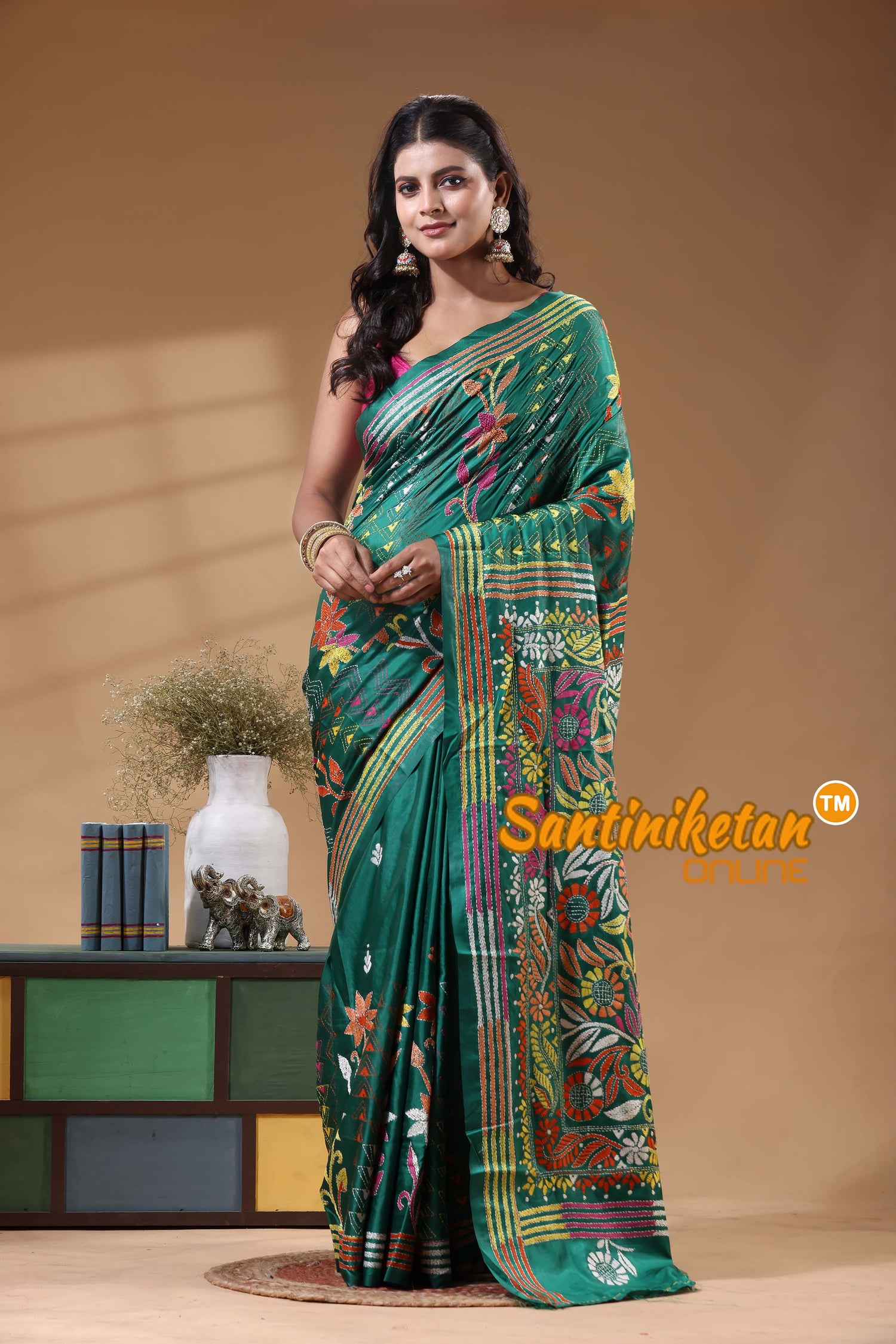 Bangalore Silk Kantha Stitch Saree