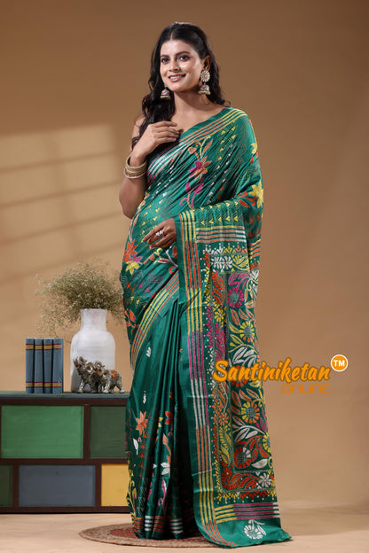 Bangalore Silk Kantha Stitch Saree