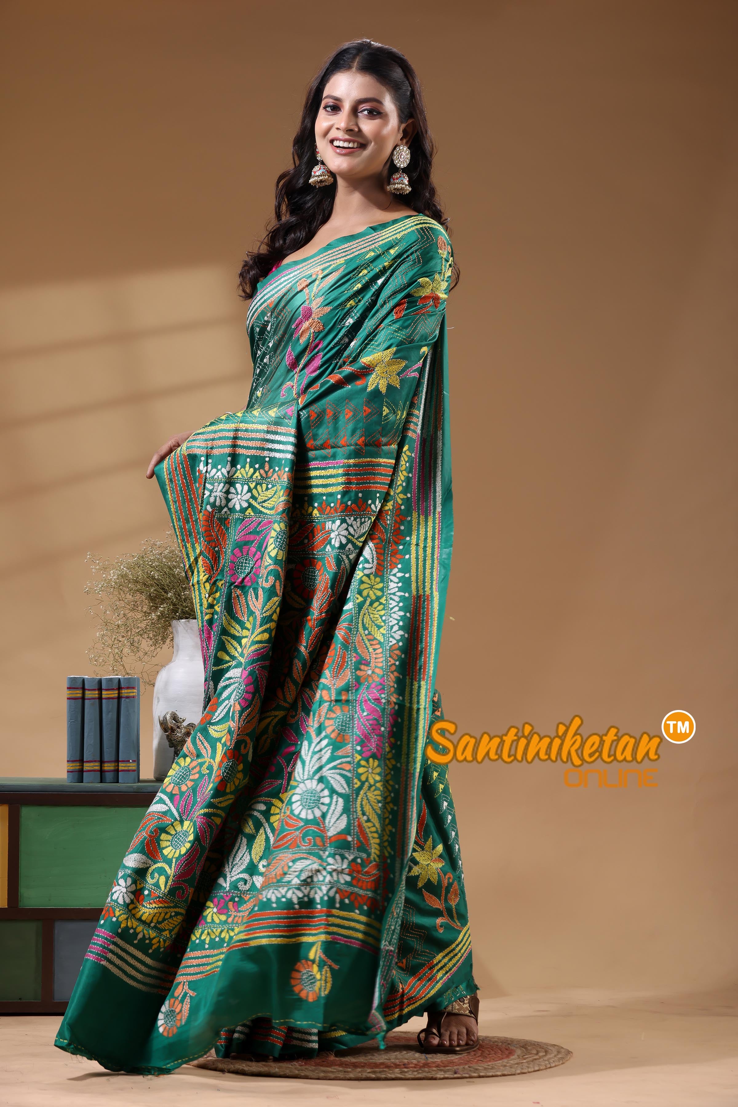 Bangalore Silk Kantha Stitch Saree