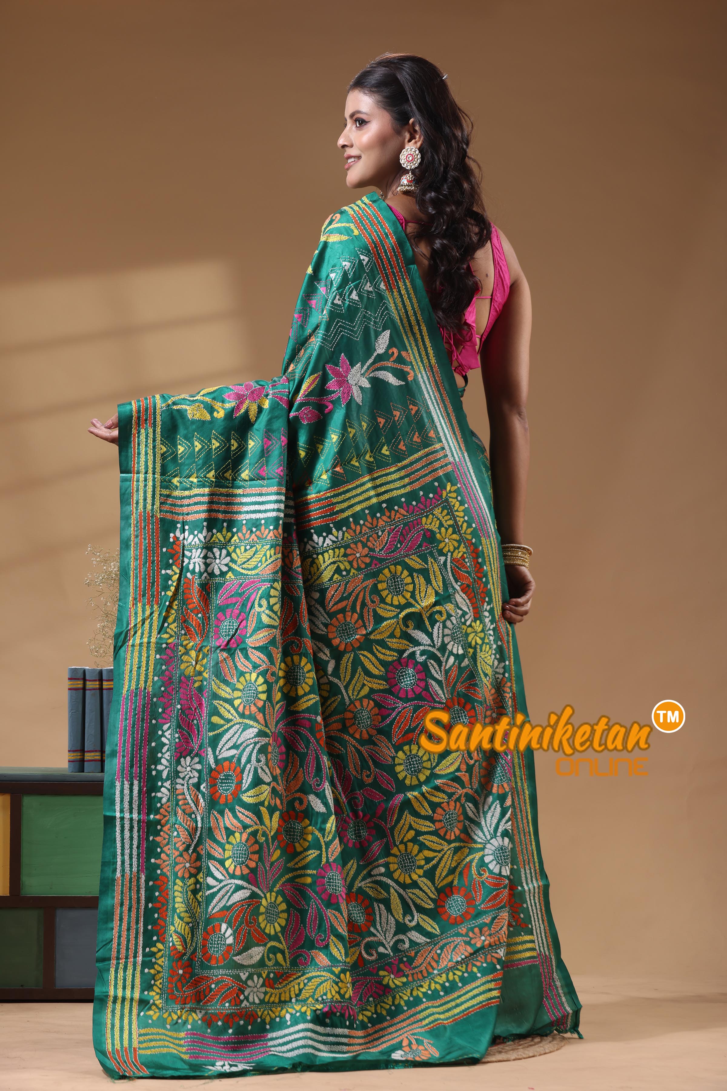 Bangalore Silk Kantha Stitch Saree