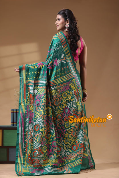 Bangalore Silk Kantha Stitch Saree