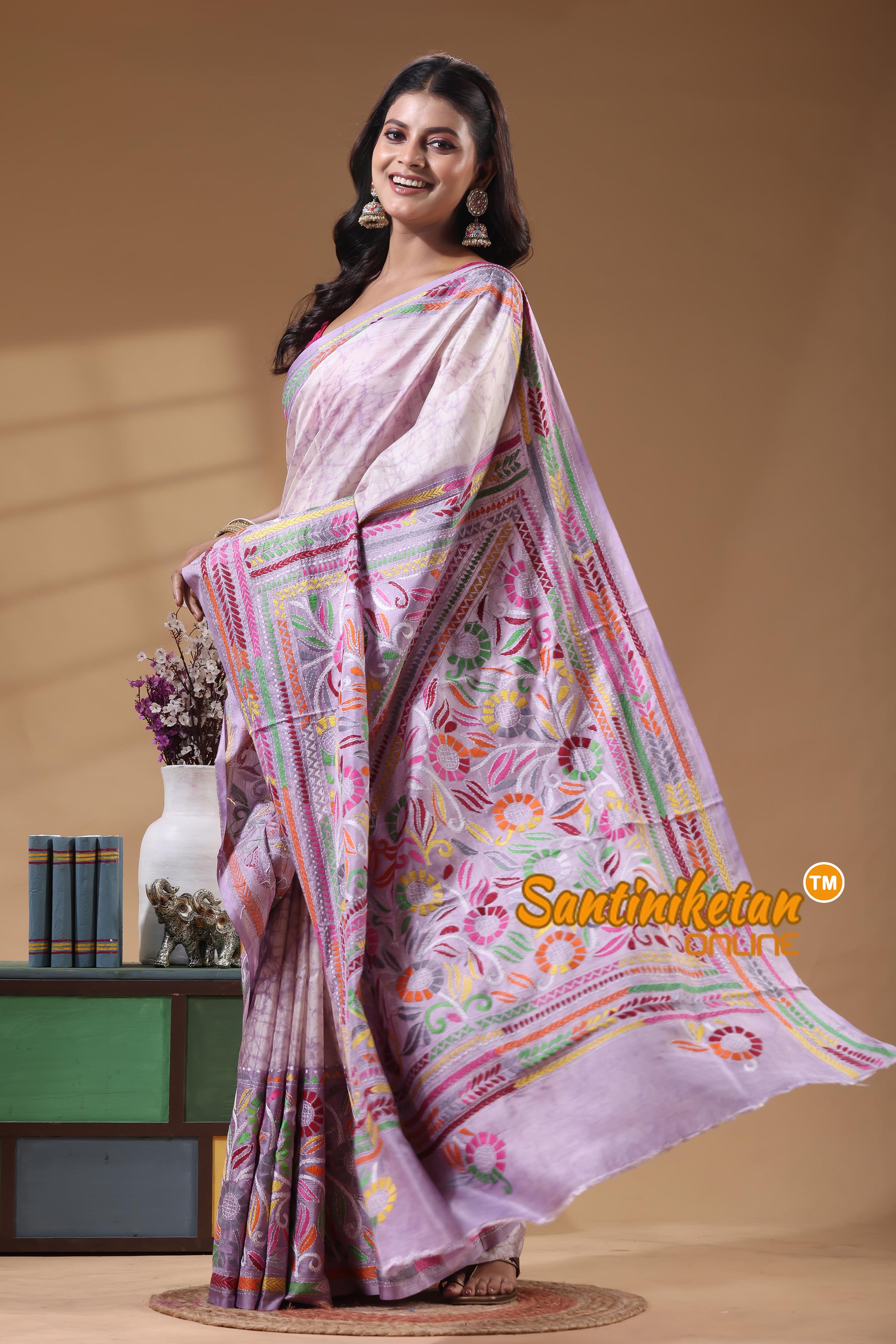 Bangalore Silk Batik Kantha Stitch Saree