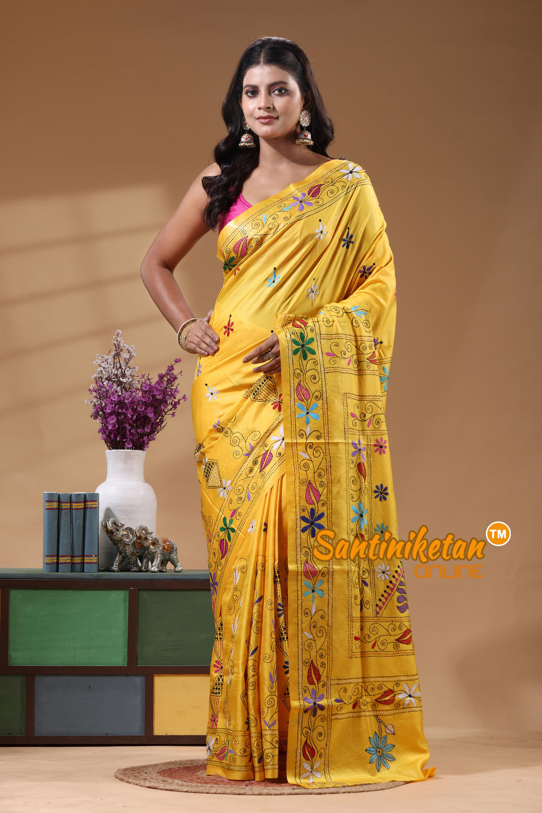 Bangalore Silk Kantha Stitch Saree