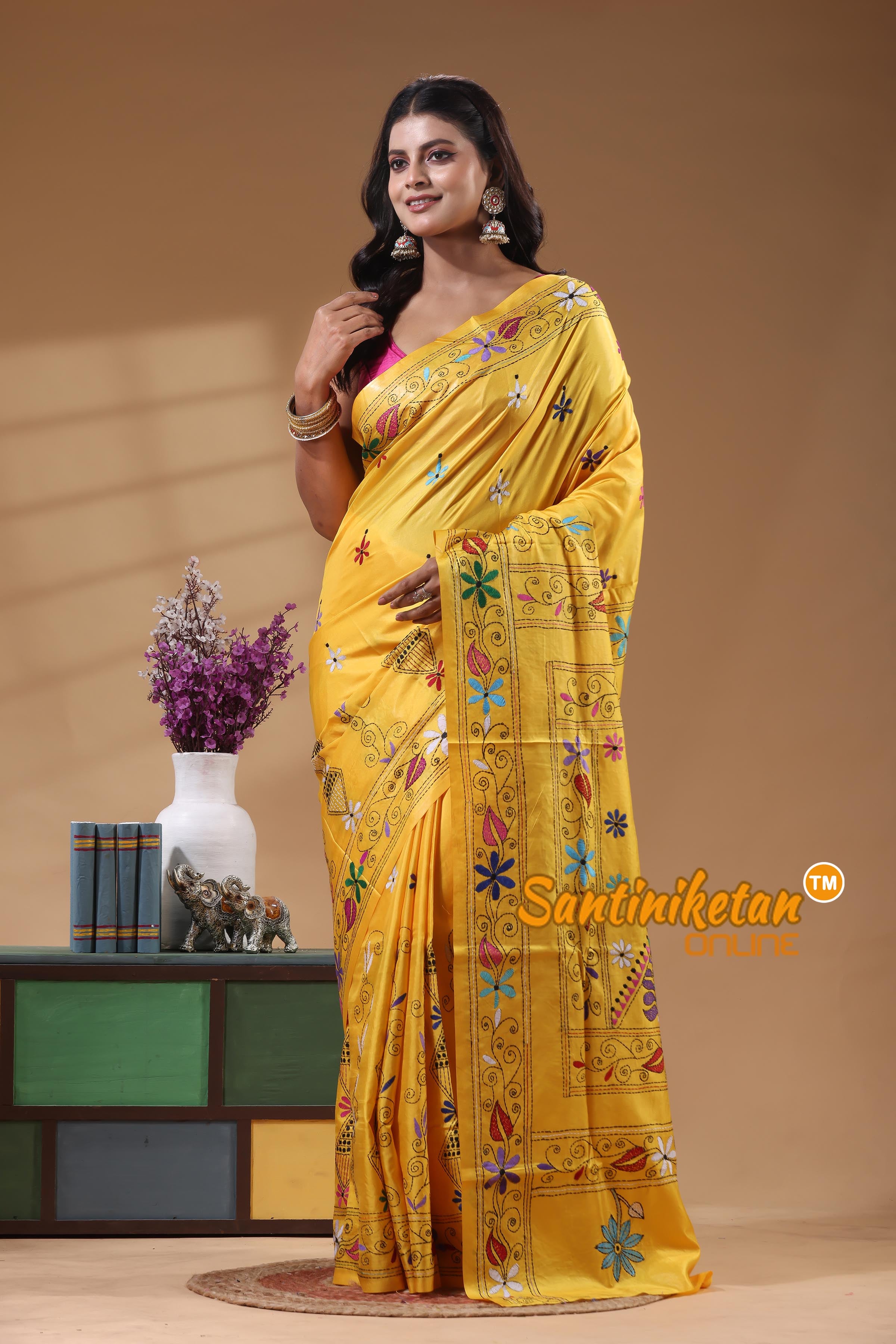 Bangalore Silk Kantha Stitch Saree