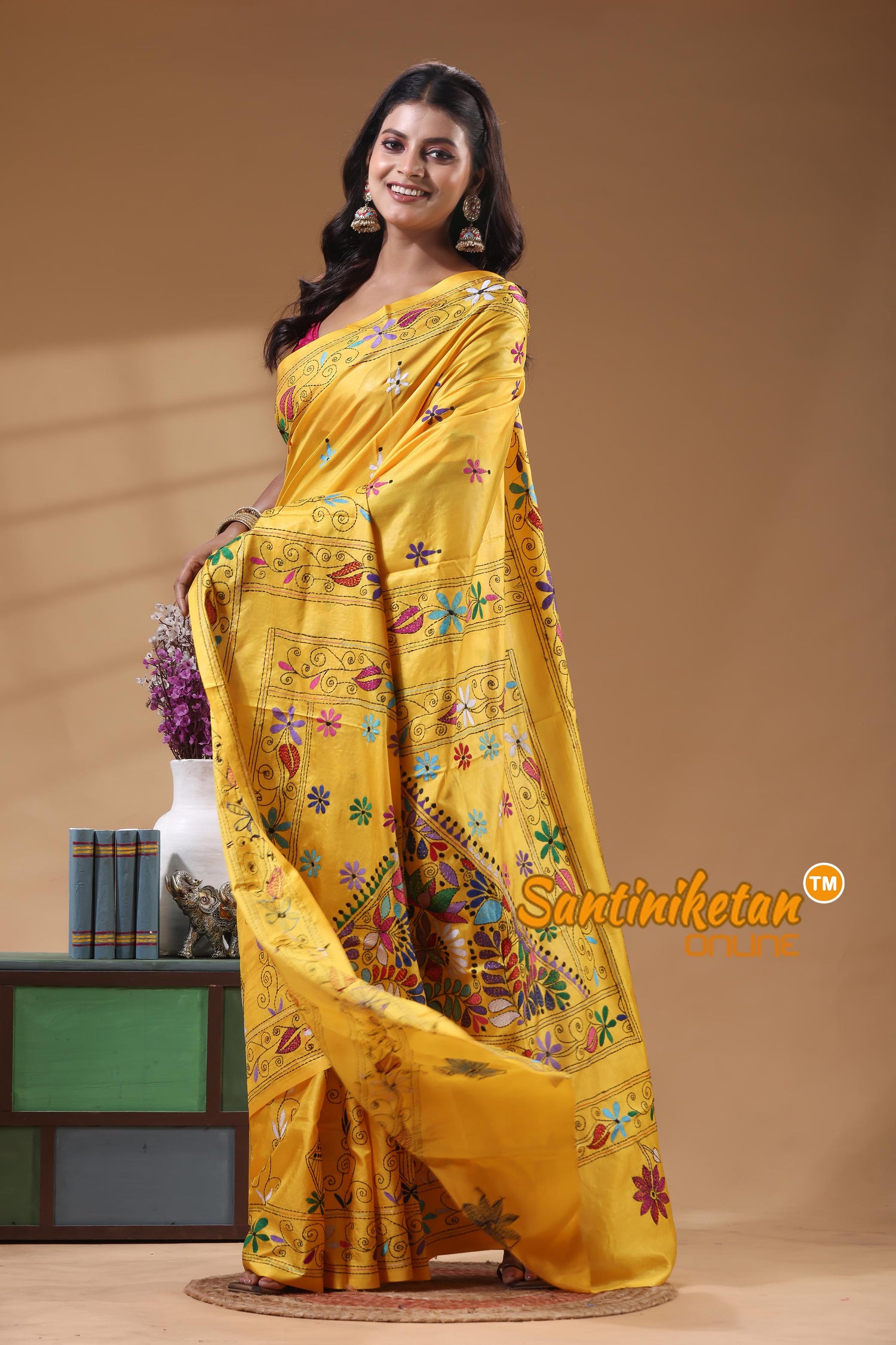 Bangalore Silk Kantha Stitch Saree