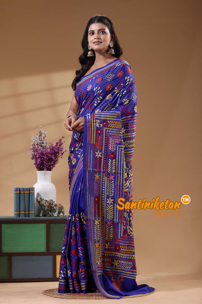 Bangalore Silk Kantha Stitch Saree