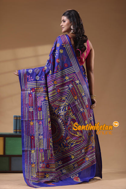 Bangalore Silk Kantha Stitch Saree