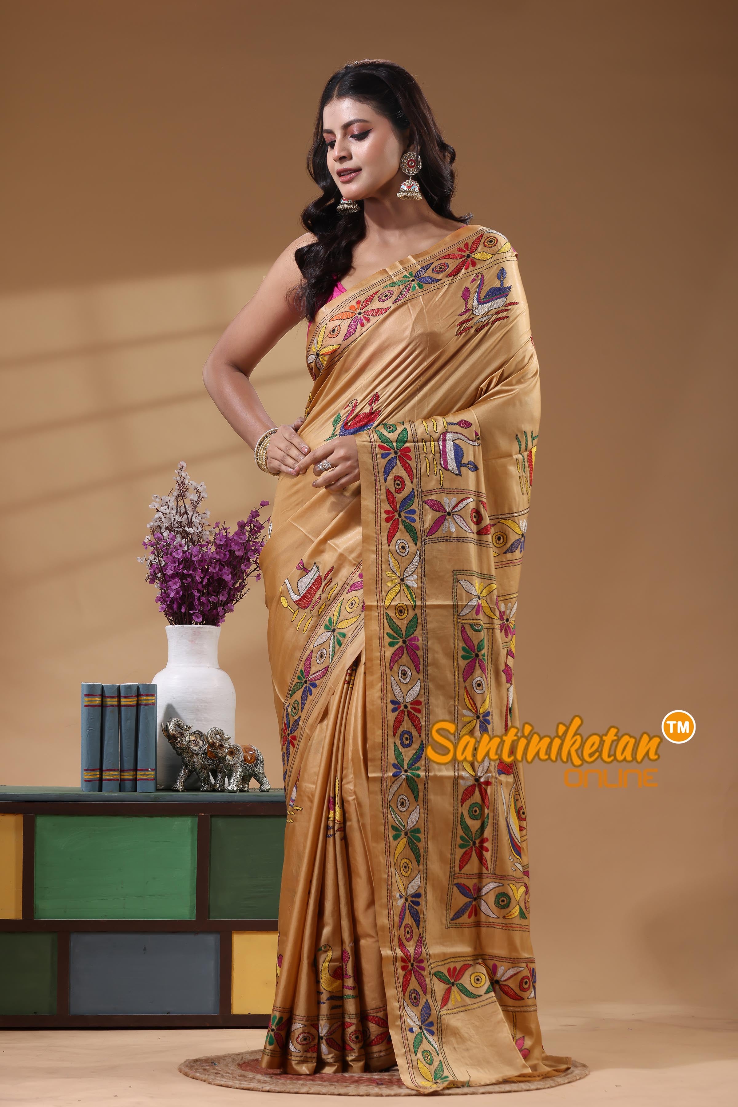 Bangalore Silk Kantha Stitch Saree