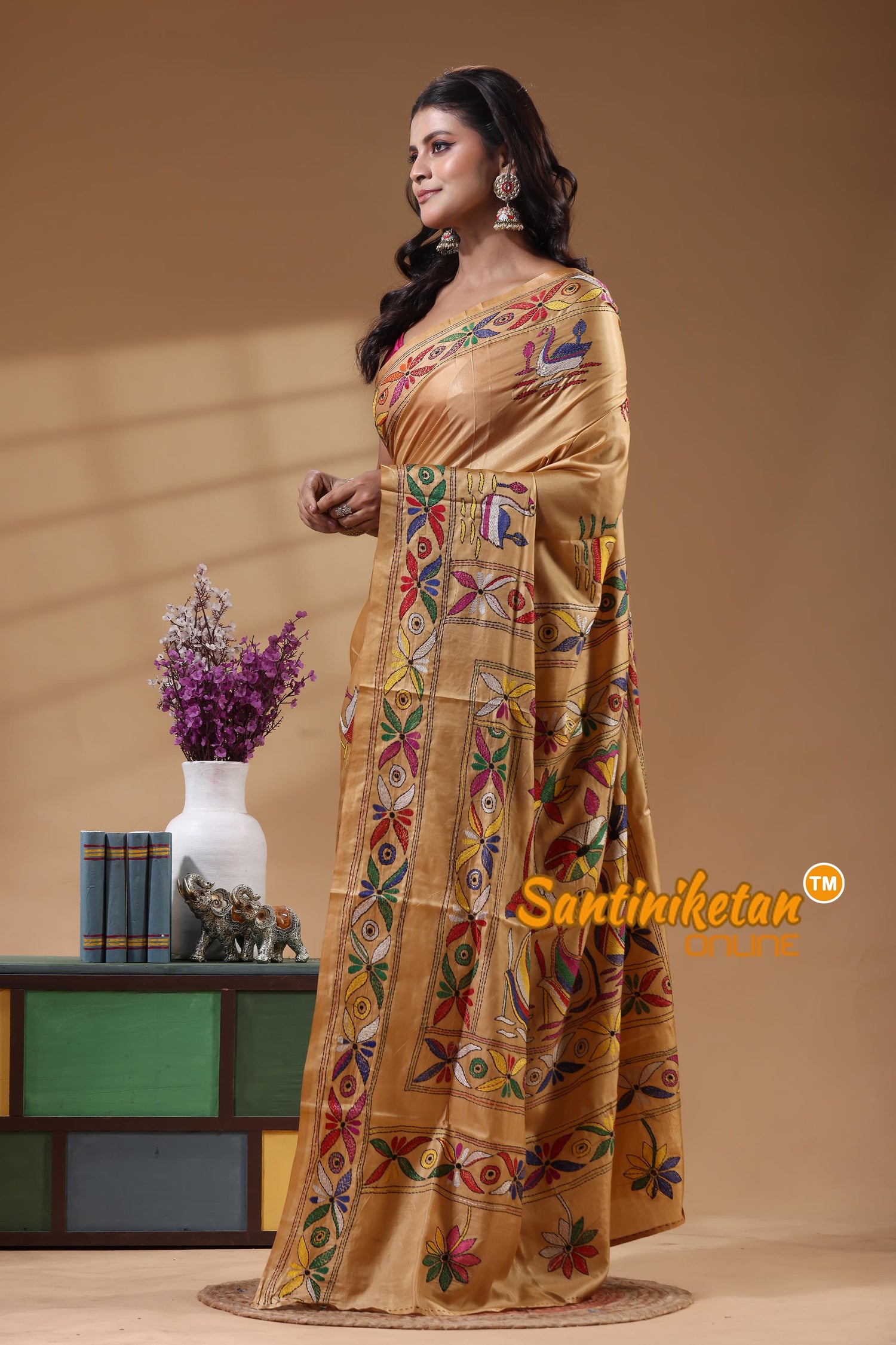 Bangalore Silk Kantha Stitch Saree