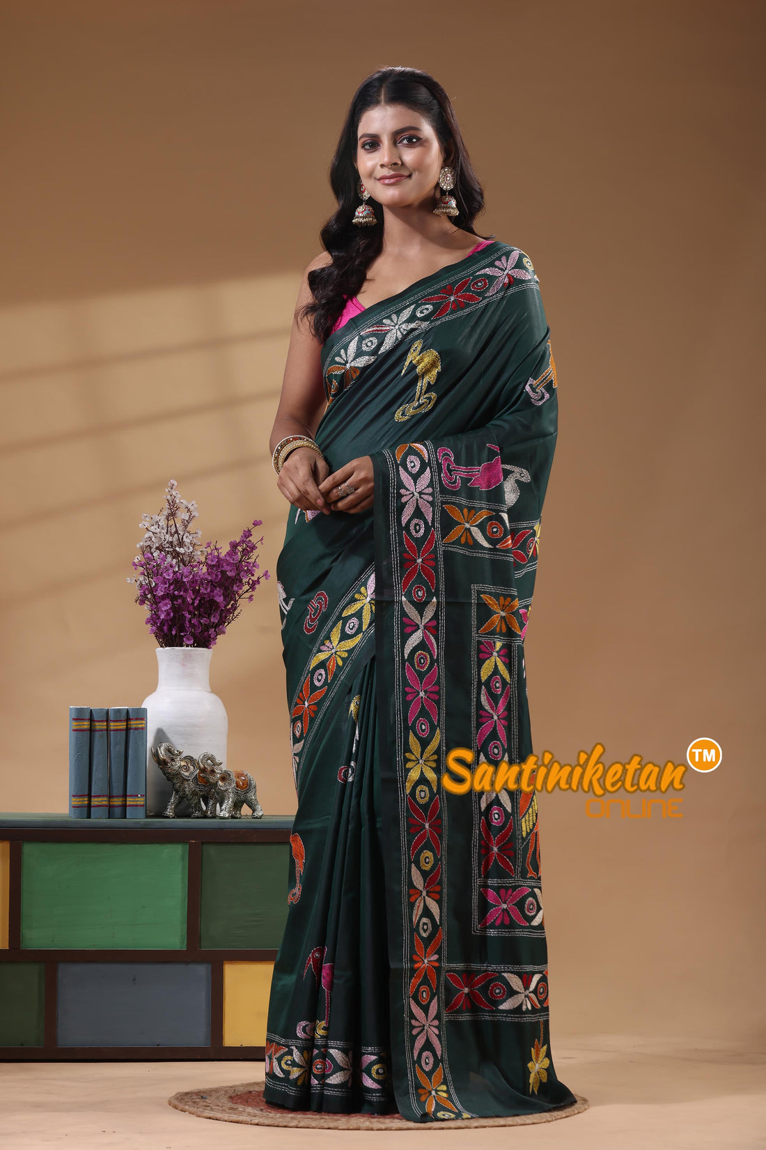 Bangalore Silk Kantha Stitch Saree
