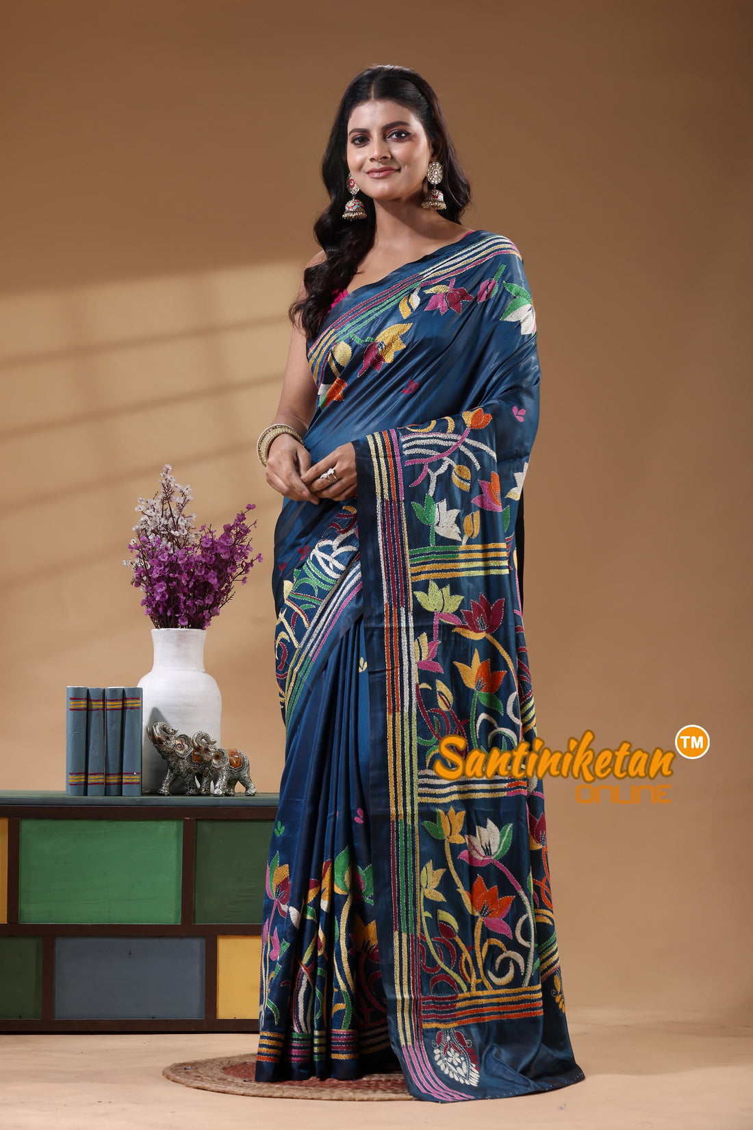 Bangalore Silk Kantha Stitch Saree