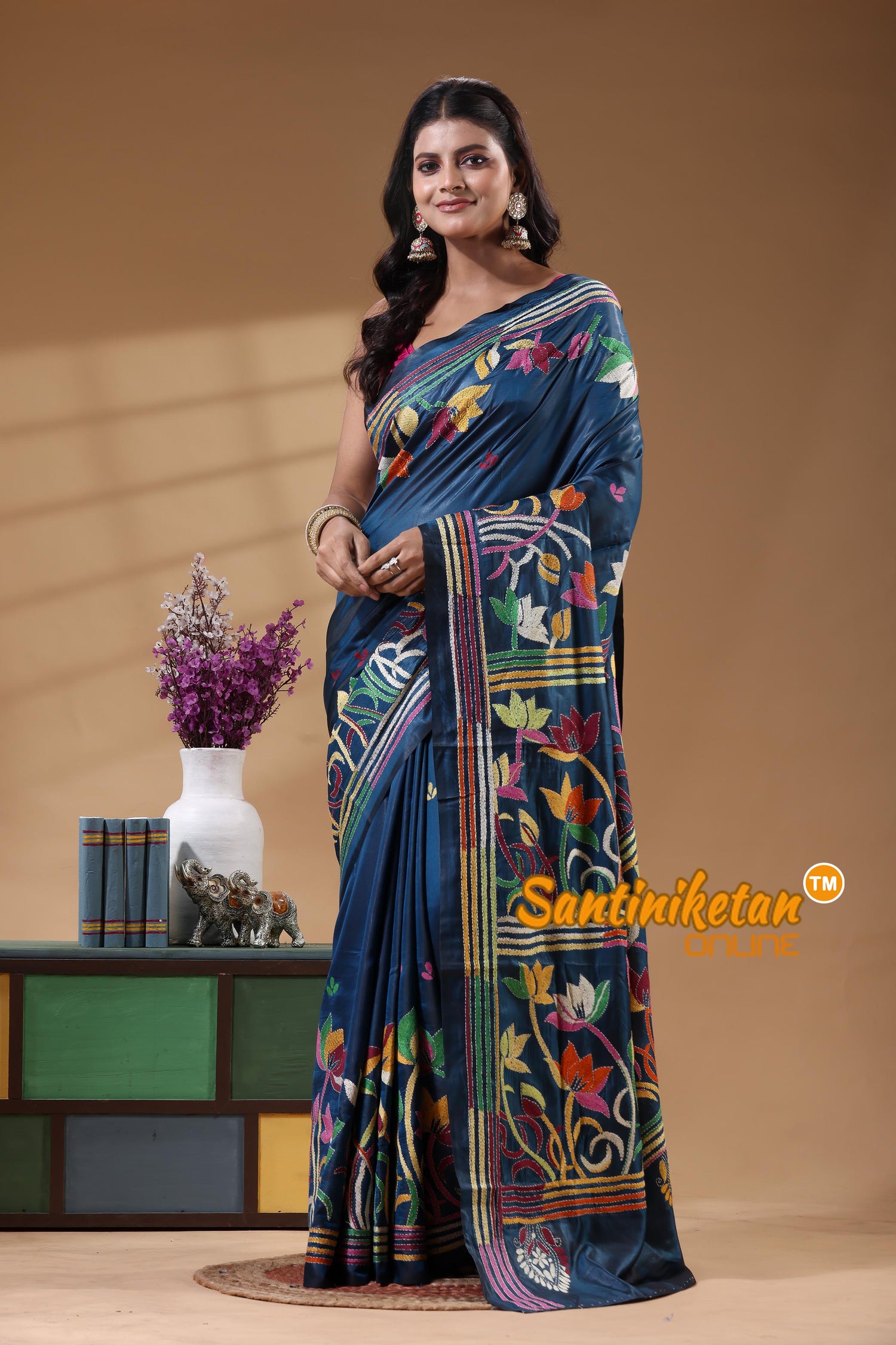 Bangalore Silk Kantha Stitch Saree