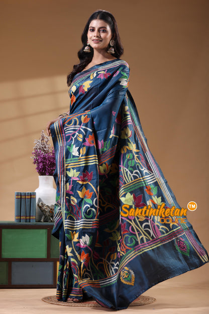 Bangalore Silk Kantha Stitch Saree
