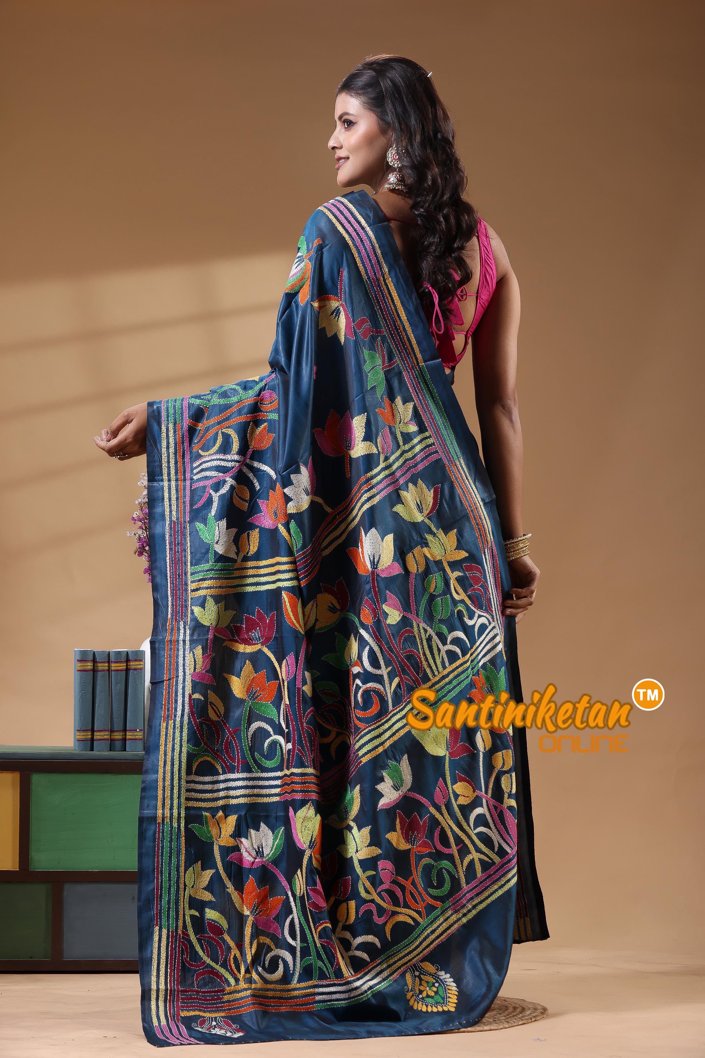 Bangalore Silk Kantha Stitch Saree