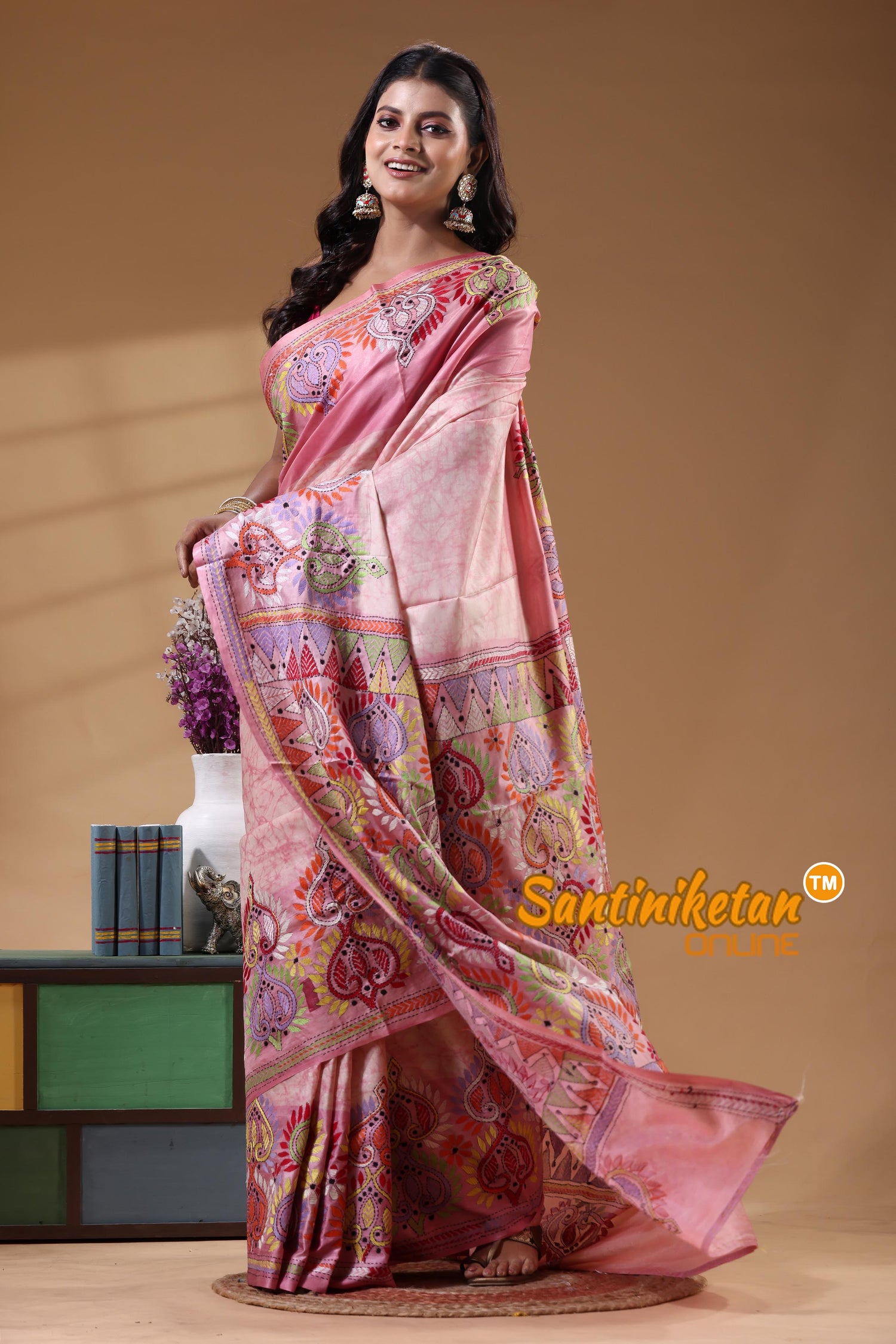 Bangalore Silk Batik Kantha Stitch Saree