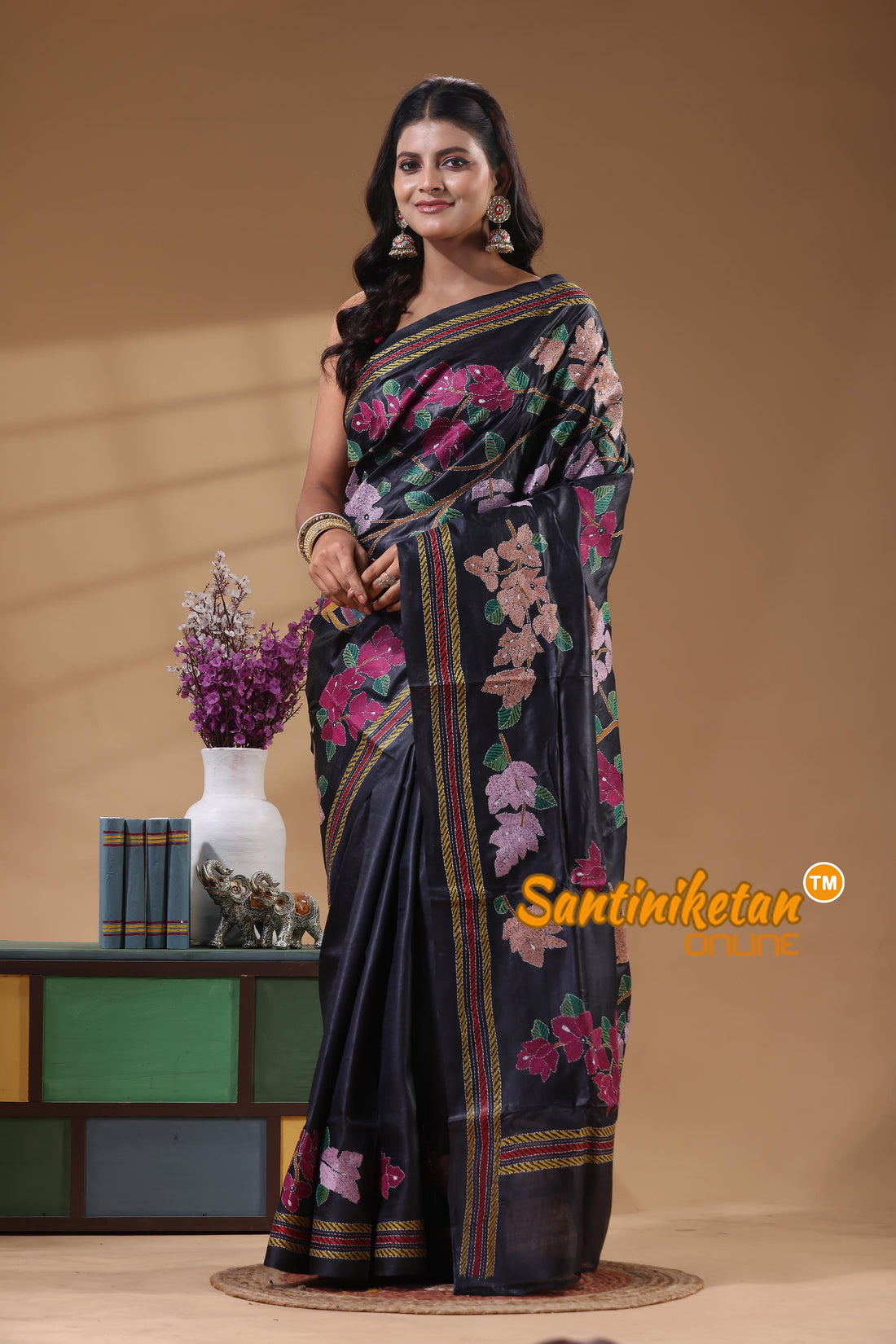 Pure Gachi Dye Tussar Silk Kantha Stitch Saree